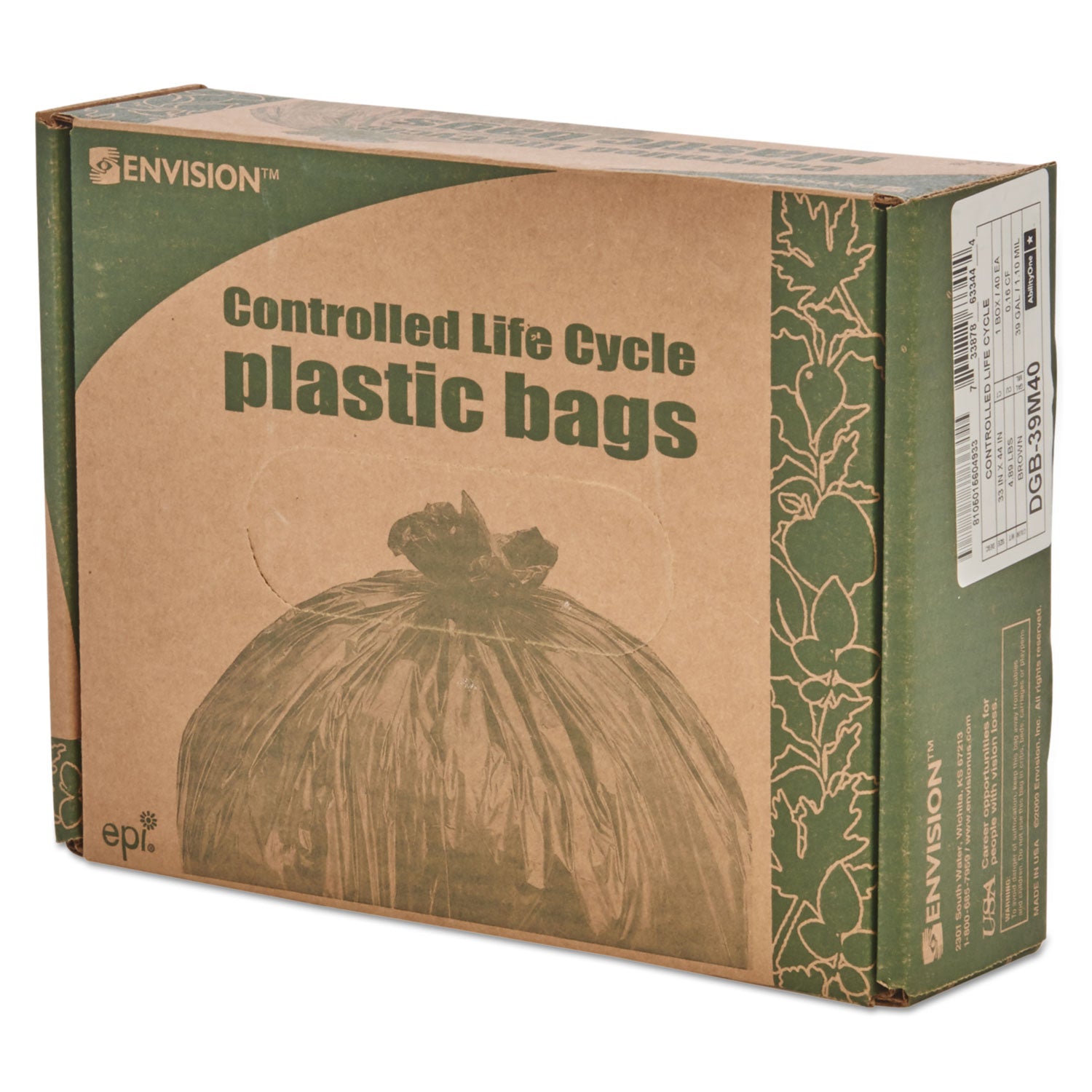 Stout® by Envision™ Controlled Life-Cycle Plastic Trash Bags, 39 gal, 1.1 mil, 33" x 44", Brown, 40/Box