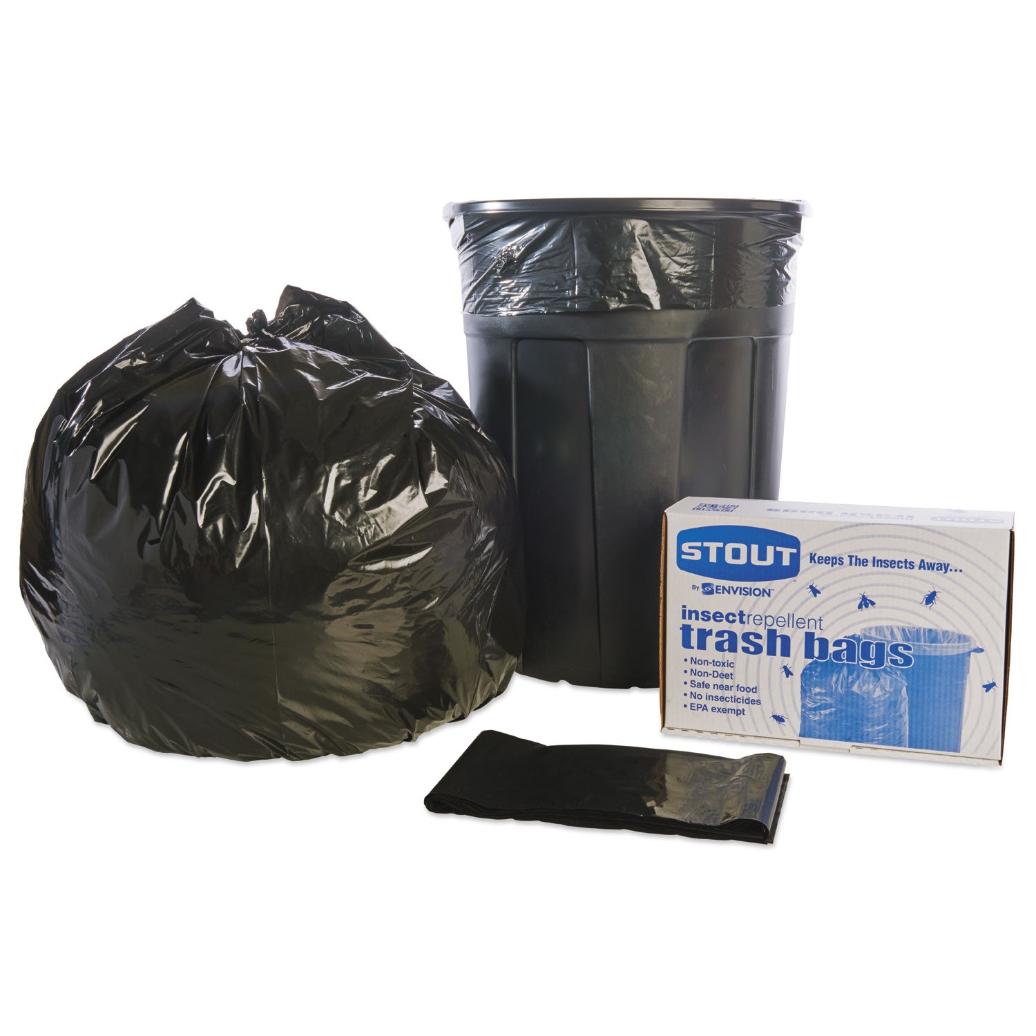 Stout® by Envision™ Insect-Repellent Trash Bags, 45 gal, 2 mil, 40" x 45", Black, 65/Box