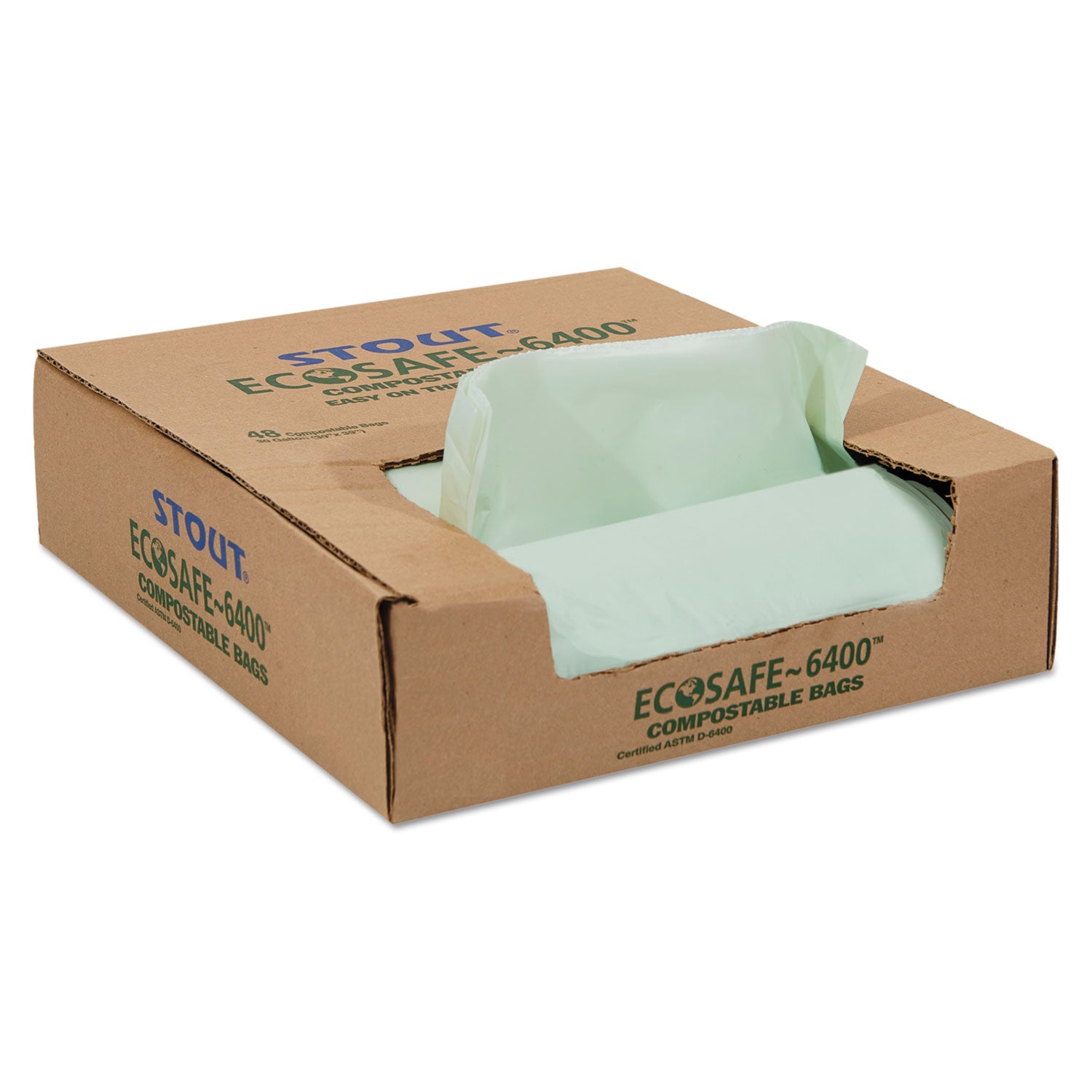 Stout® by Envision™ EcoSafe-6400 Bags, 30 gal, 1.1 mil, 30" x 39", Green, 48/Box