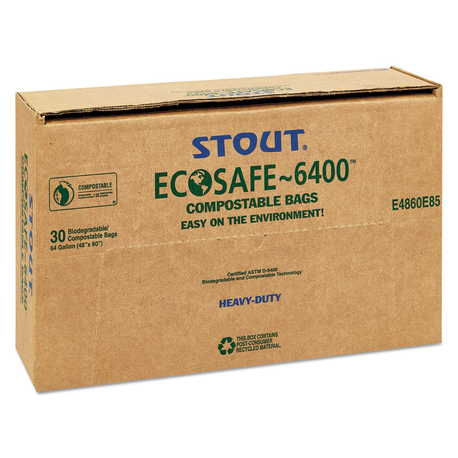 Stout® by Envision™ EcoSafe-6400 Bags, 64 gal, 0.85 mil, 48" x 60", Green, 30/Box