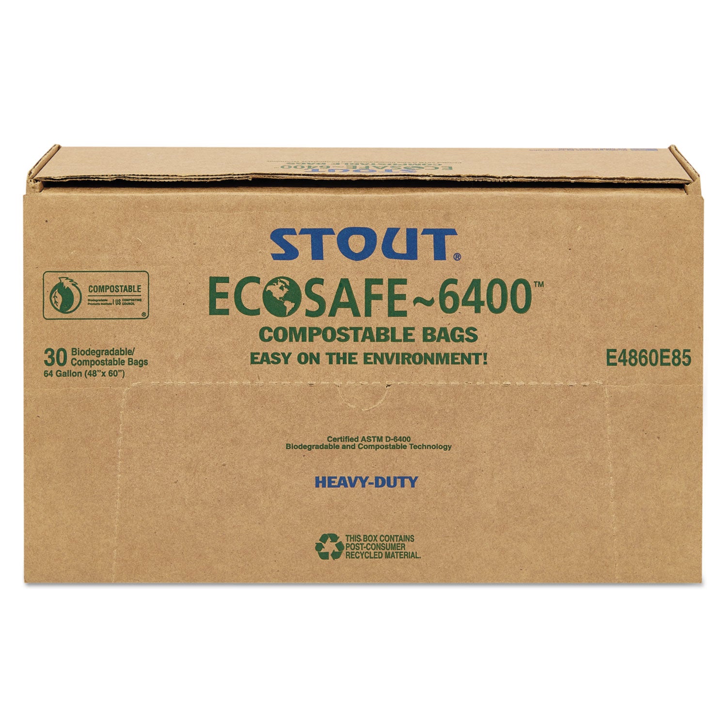 Stout® by Envision™ EcoSafe-6400 Bags, 64 gal, 0.85 mil, 48" x 60", Green, 30/Box