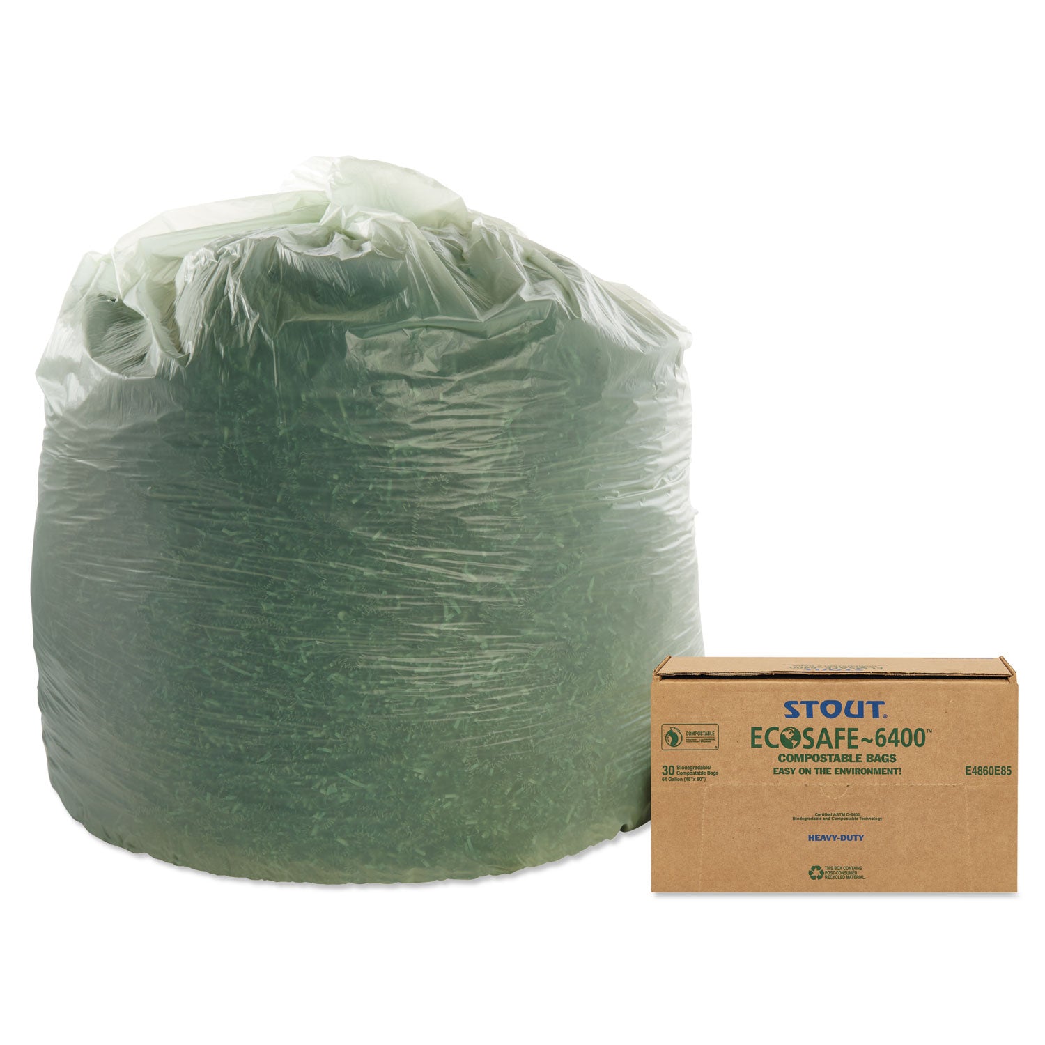 Stout® by Envision™ EcoSafe-6400 Bags, 64 gal, 0.85 mil, 48" x 60", Green, 30/Box