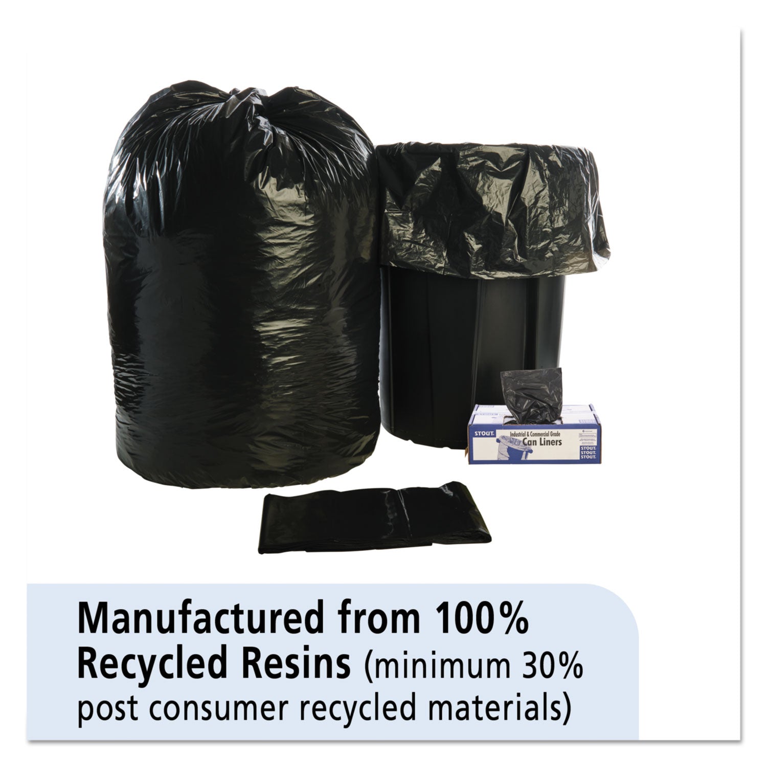 Stout® by Envision™ Total Recycled Content Plastic Trash Bags, 56 gal, 1.5 mil, 43" x 49", Black/Brown, 100/Carton