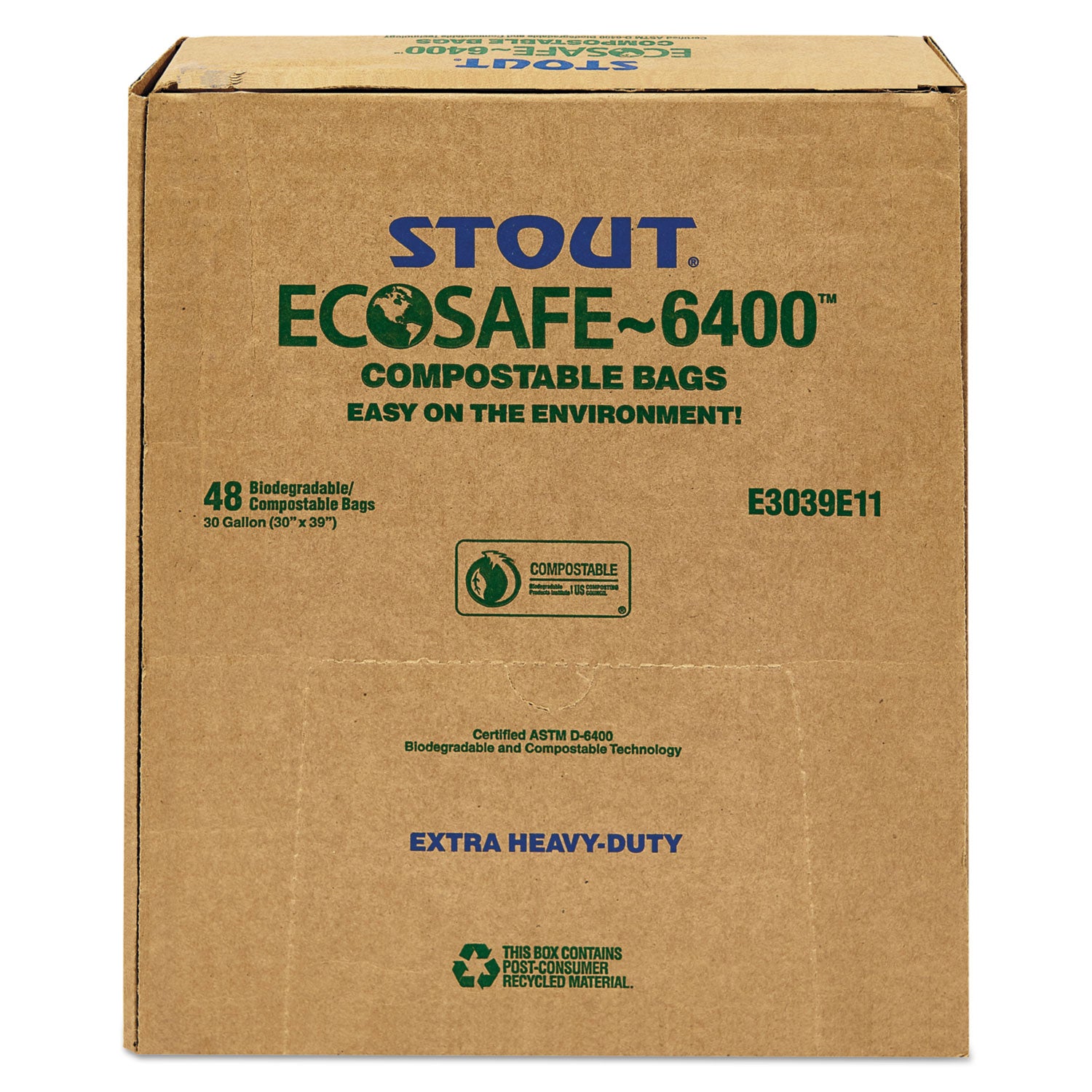 Stout® by Envision™ EcoSafe-6400 Bags, 30 gal, 1.1 mil, 30" x 39", Green, 48/Box