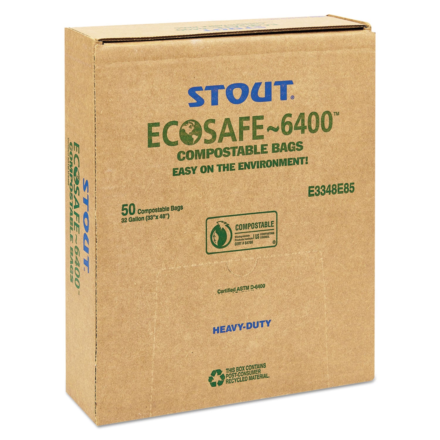 Stout® by Envision™ EcoSafe-6400 Bags, 32 gal, 0.85 mil, 33" x 48", Green, 50/Box