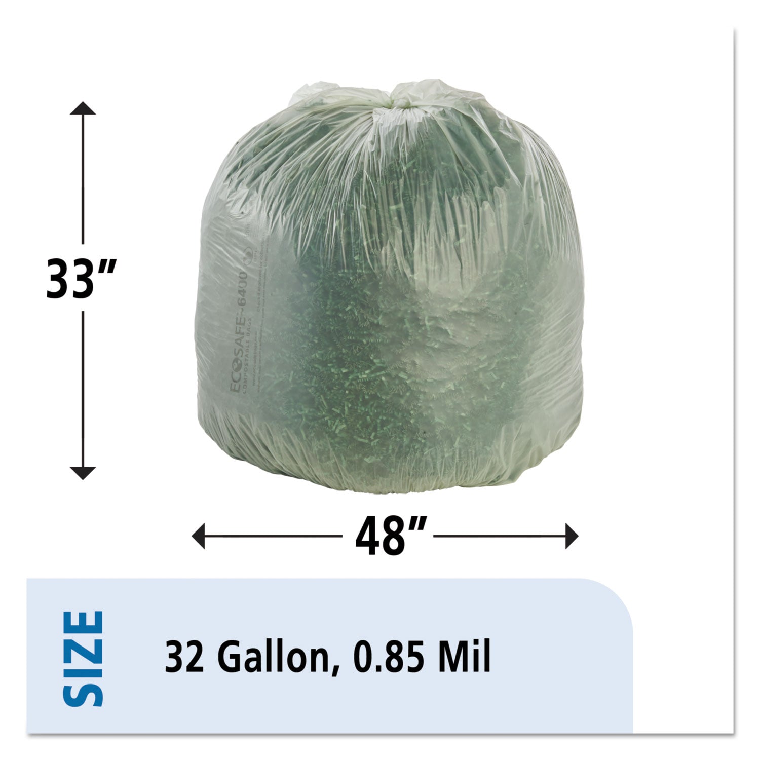 Stout® by Envision™ EcoSafe-6400 Bags, 32 gal, 0.85 mil, 33" x 48", Green, 50/Box