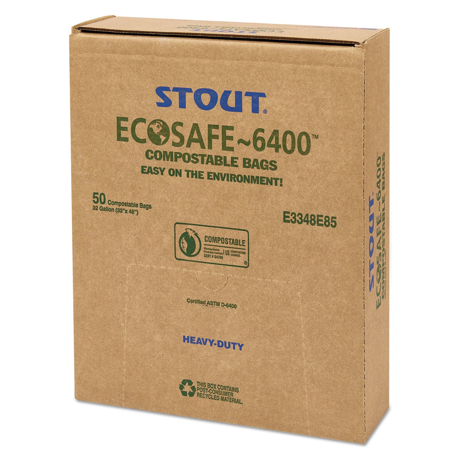 Stout® by Envision™ EcoSafe-6400 Bags, 32 gal, 0.85 mil, 33" x 48", Green, 50/Box