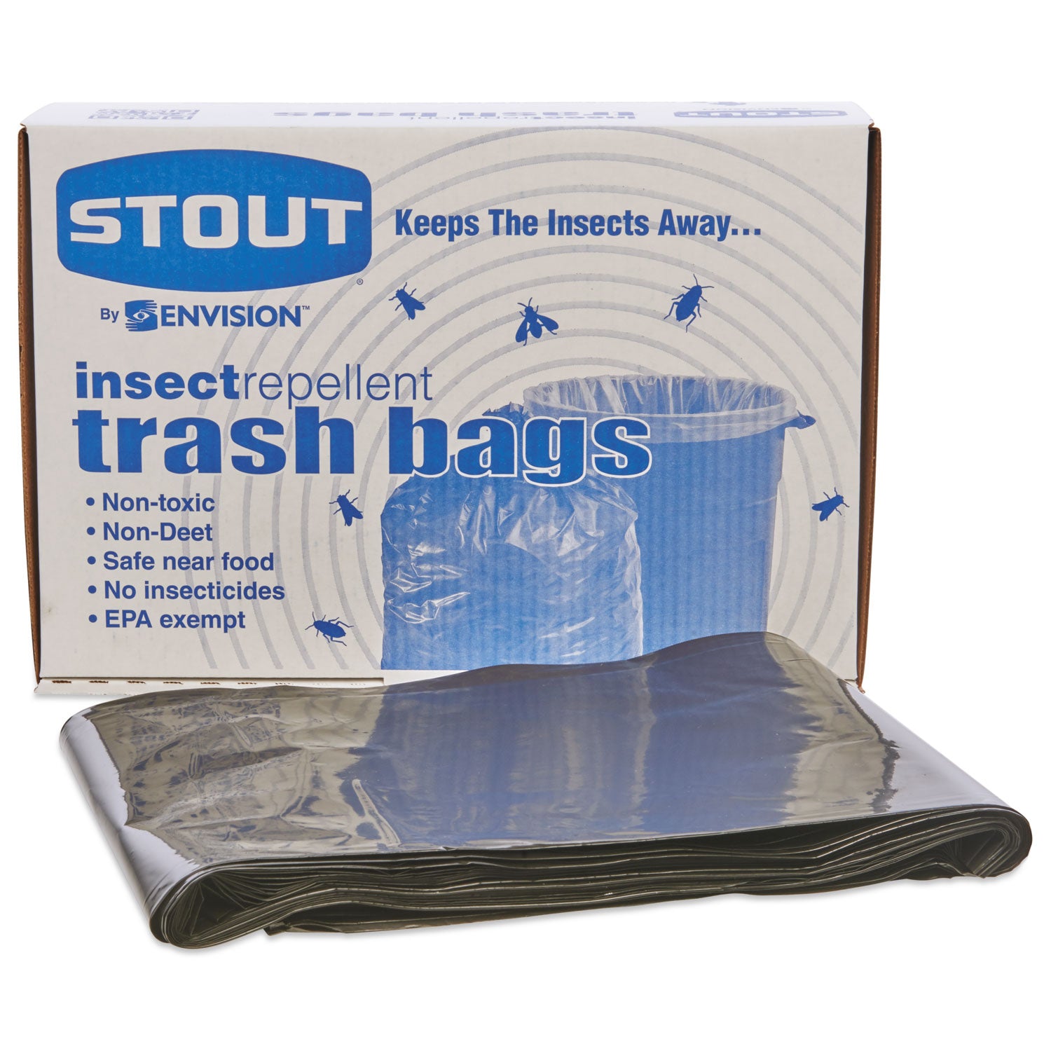 Stout® by Envision™ Insect-Repellent Trash Bags, 45 gal, 2 mil, 40" x 45", Black, 65/Box