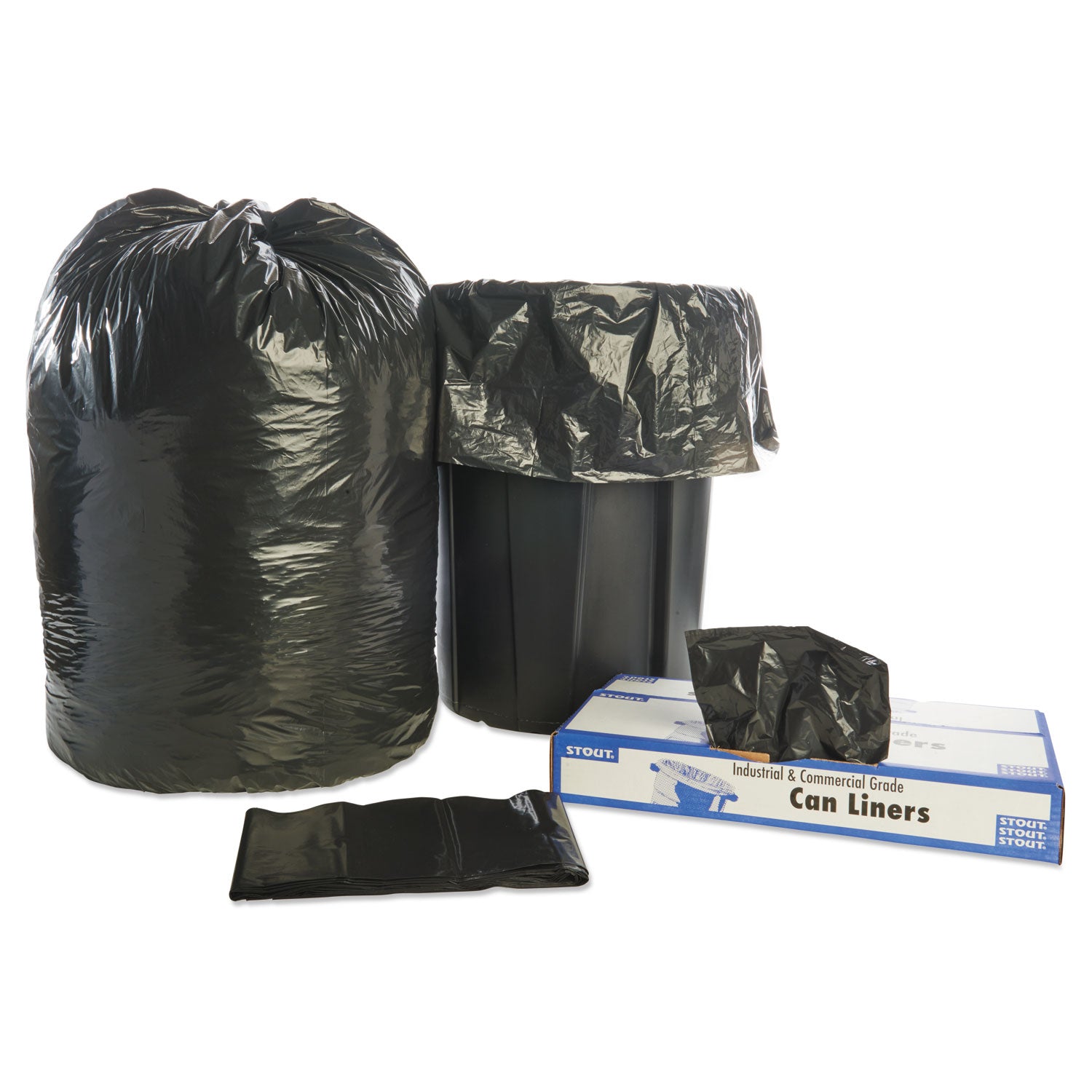 Stout® by Envision™ Total Recycled Content Plastic Trash Bags, 65 gal, 1.5 mil, 50" x 51", Black/Brown, 100/Carton