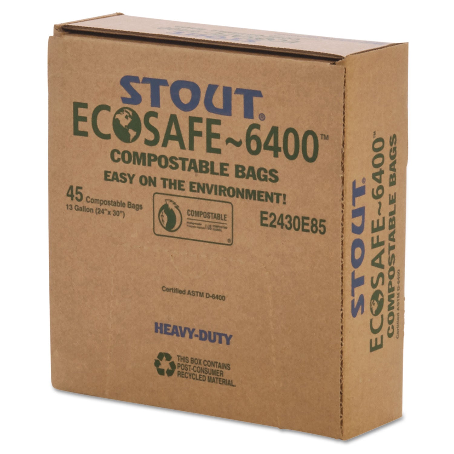 Stout® by Envision™ EcoSafe-6400 Bags, 13 gal, 0.85 mil, 24" x 30", Green, 45/Box