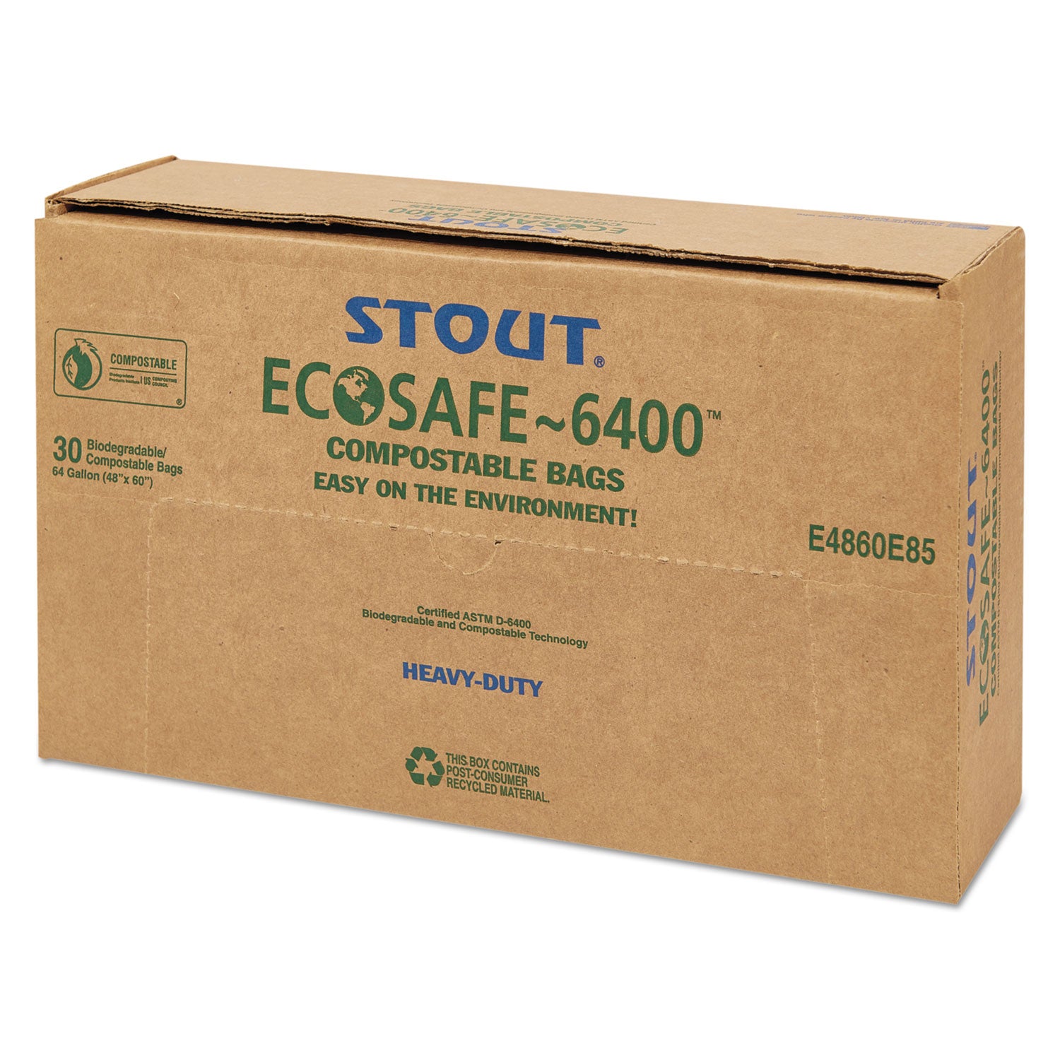 Stout® by Envision™ EcoSafe-6400 Bags, 64 gal, 0.85 mil, 48" x 60", Green, 30/Box