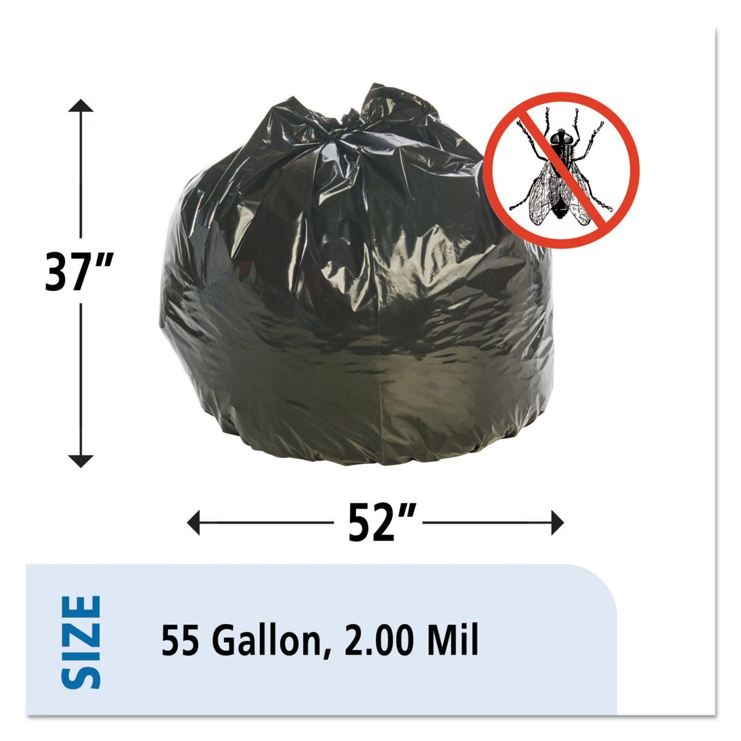 Stout® by Envision™ Insect-Repellent Trash Bags, 55 gal, 2 mil, 37" x 52", Black, 65/Box