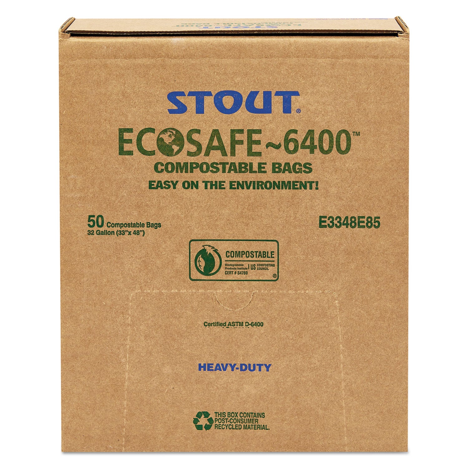 Stout® by Envision™ EcoSafe-6400 Bags, 32 gal, 0.85 mil, 33" x 48", Green, 50/Box