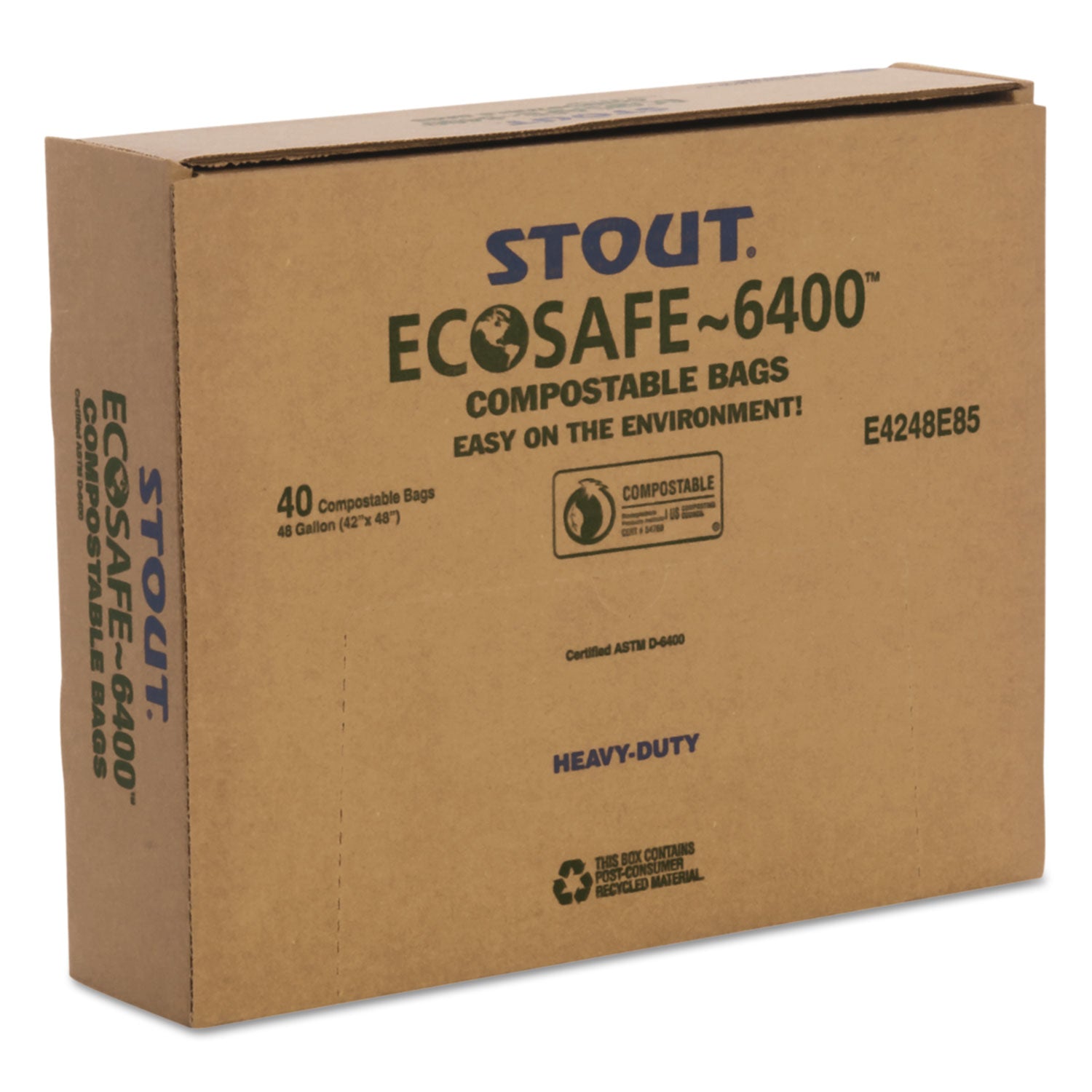 Stout® by Envision™ EcoSafe-6400 Bags, 48 gal, 0.85 mil, 42" x 48", Green, 40/Box