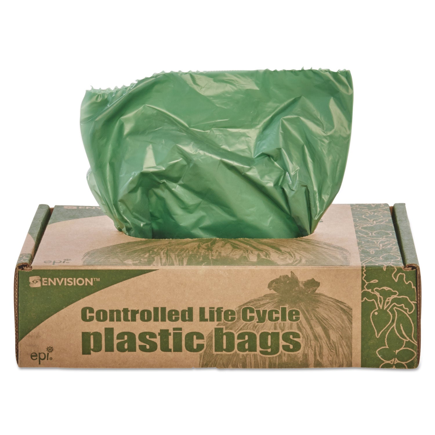 Stout® by Envision™ Controlled Life-Cycle Plastic Trash Bags, 33 gal, 1.1 mil, 33" x 40", Green, 40/Box