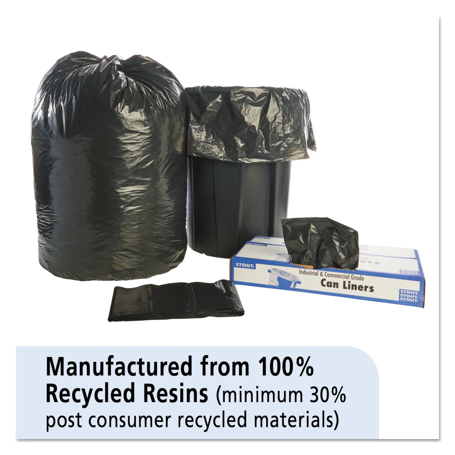 Stout® by Envision™ Total Recycled Content Plastic Trash Bags, 65 gal, 1.5 mil, 50" x 51", Black/Brown, 100/Carton