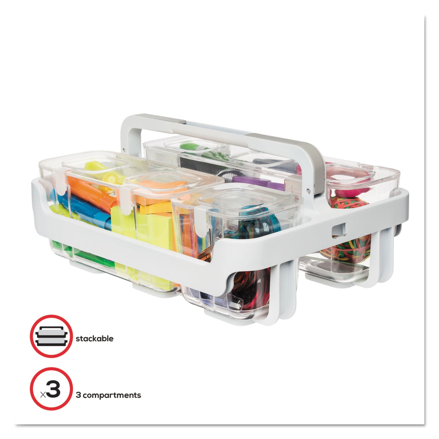 deflecto® Stackable Caddy Organizer with S, M and L Containers, Plastic, 10.5 x 14 x 6.5, White Caddy/Clear Containers