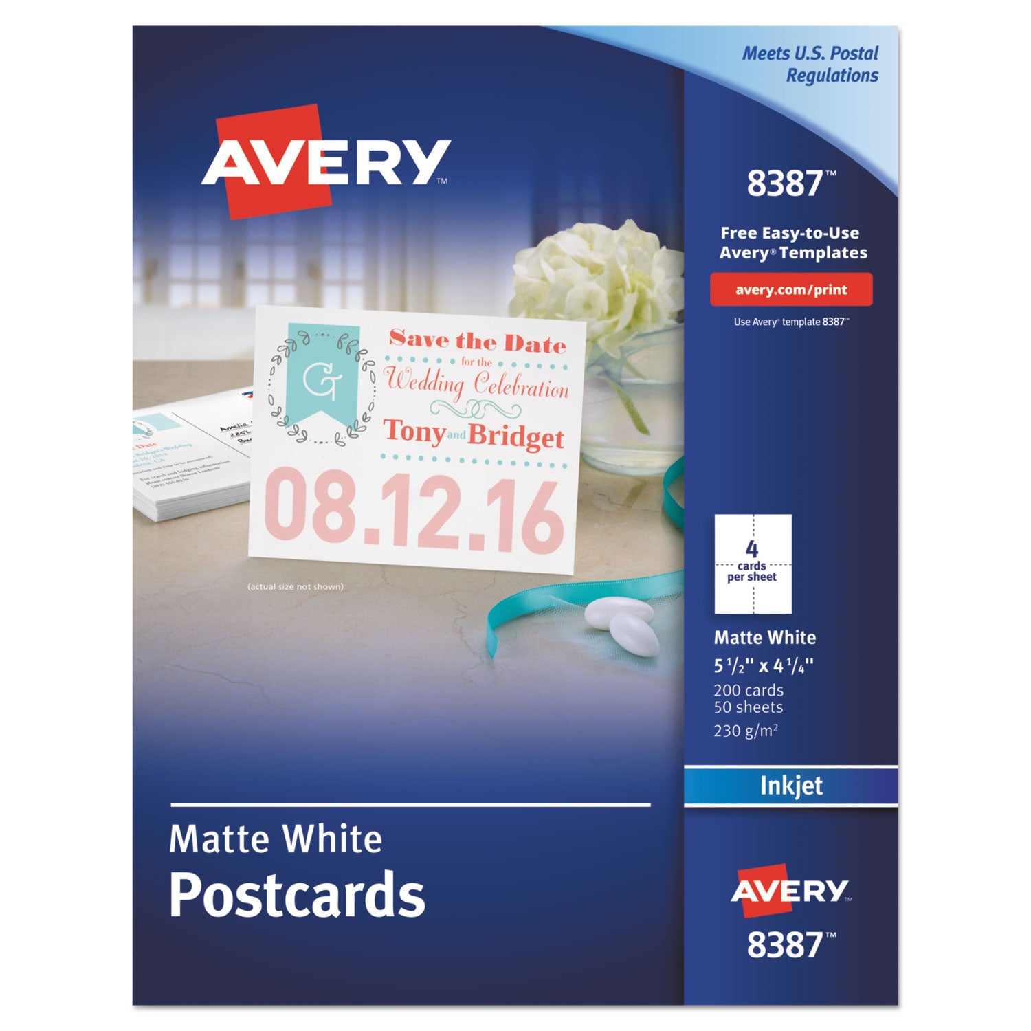 Printable Postcards, Inkjet, 85 lb, 4.25 x 5.5, Matte White, 200 Cards, 4 Cards/Sheet, 50 Sheets/Box