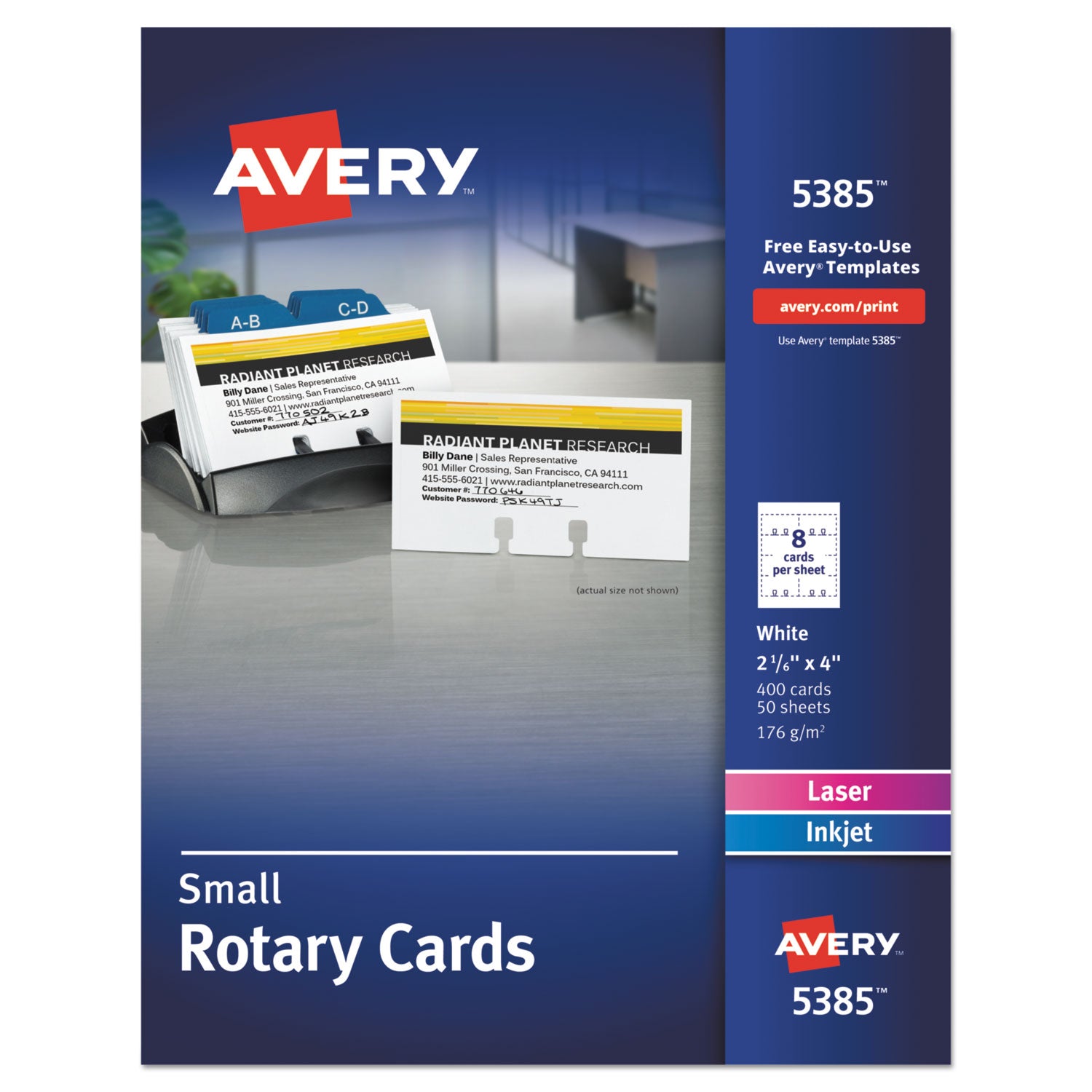 Small Rotary Cards, Laser/Inkjet, 2.17 x 4, White, 8 Cards/Sheet, 400 Cards/Box