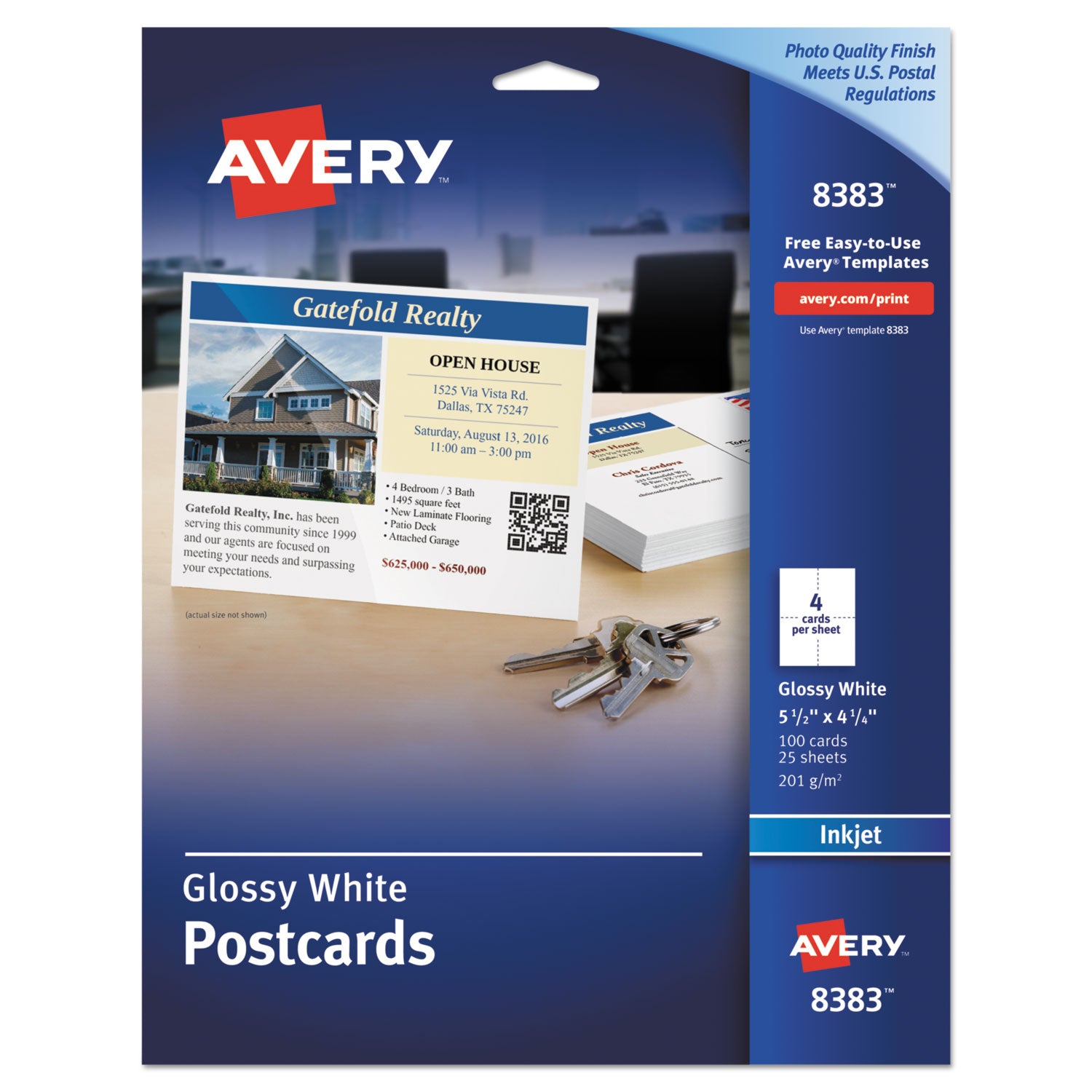 Photo-Quality Printable Postcards, Inkjet, 74 lb, 4.25 x 5.5, Glossy White, 100 Cards, 4 Cards/Sheet, 25 Sheets/Pack