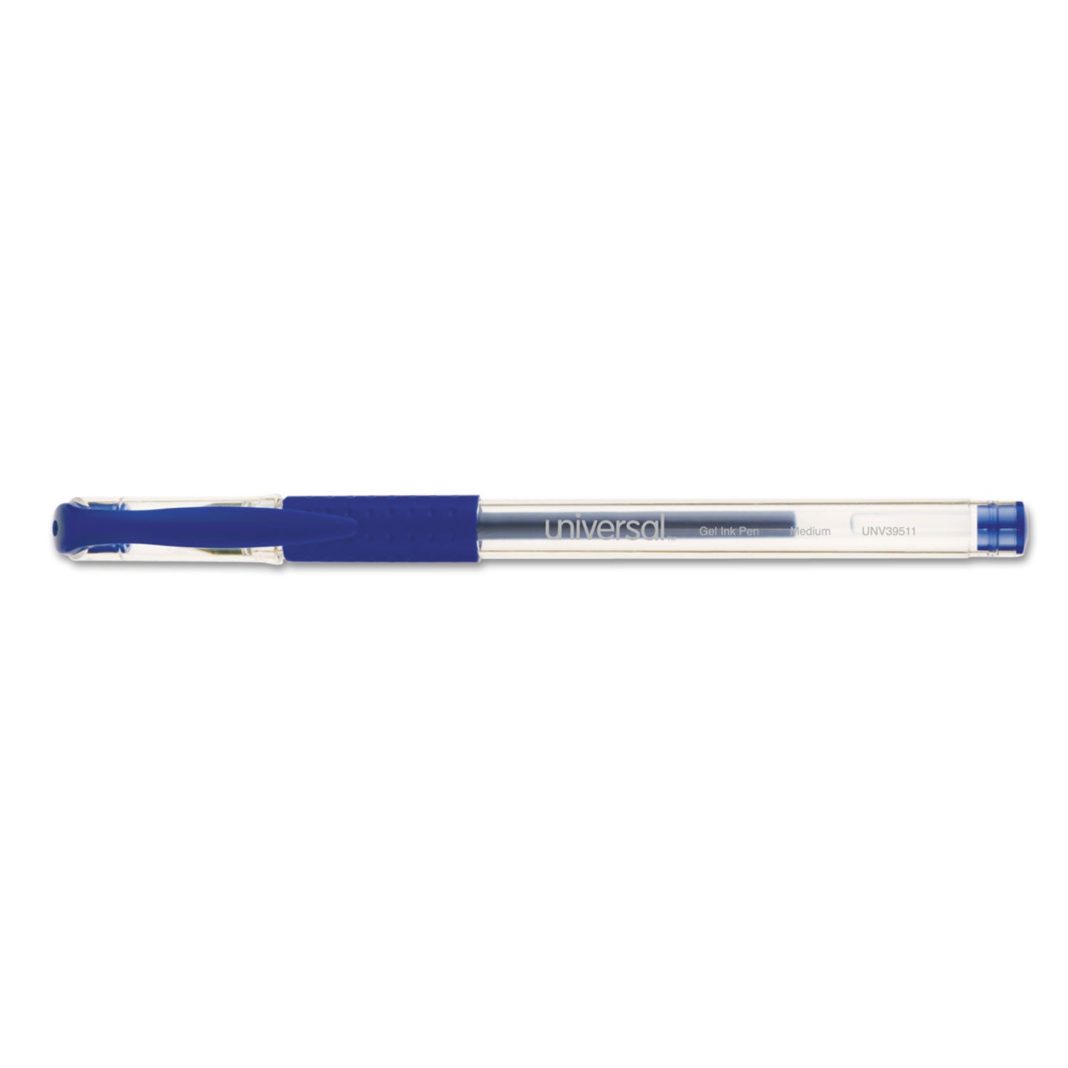 Universal™ Comfort Grip Gel Pen, Stick, Medium 0.7 mm, Blue Ink, Clear/Blue Barrel, Dozen