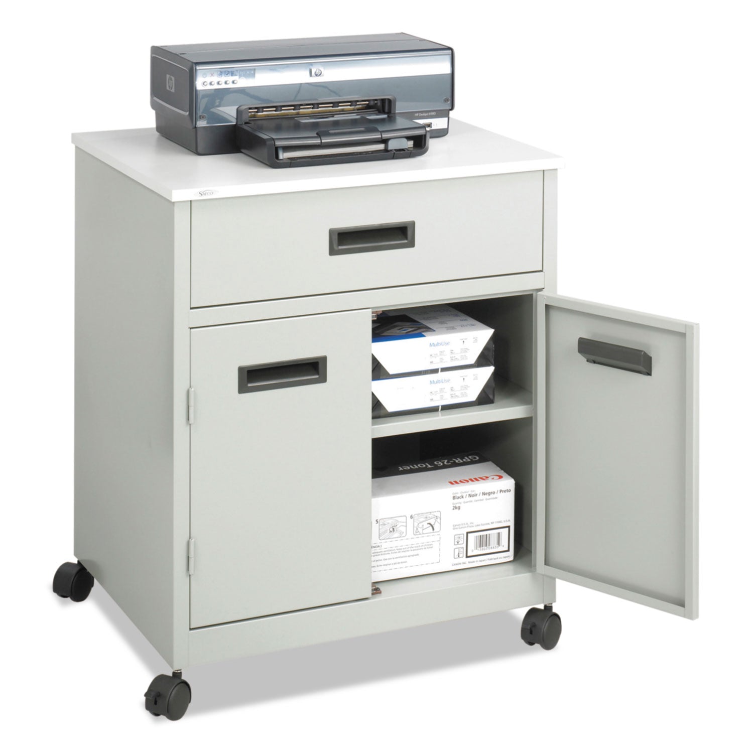 Steel Machine Stand with Pullout Drawer, Engineered Wood, 3 Shelves, 1 Drawer, 25" x 20" x 29.75", Gray