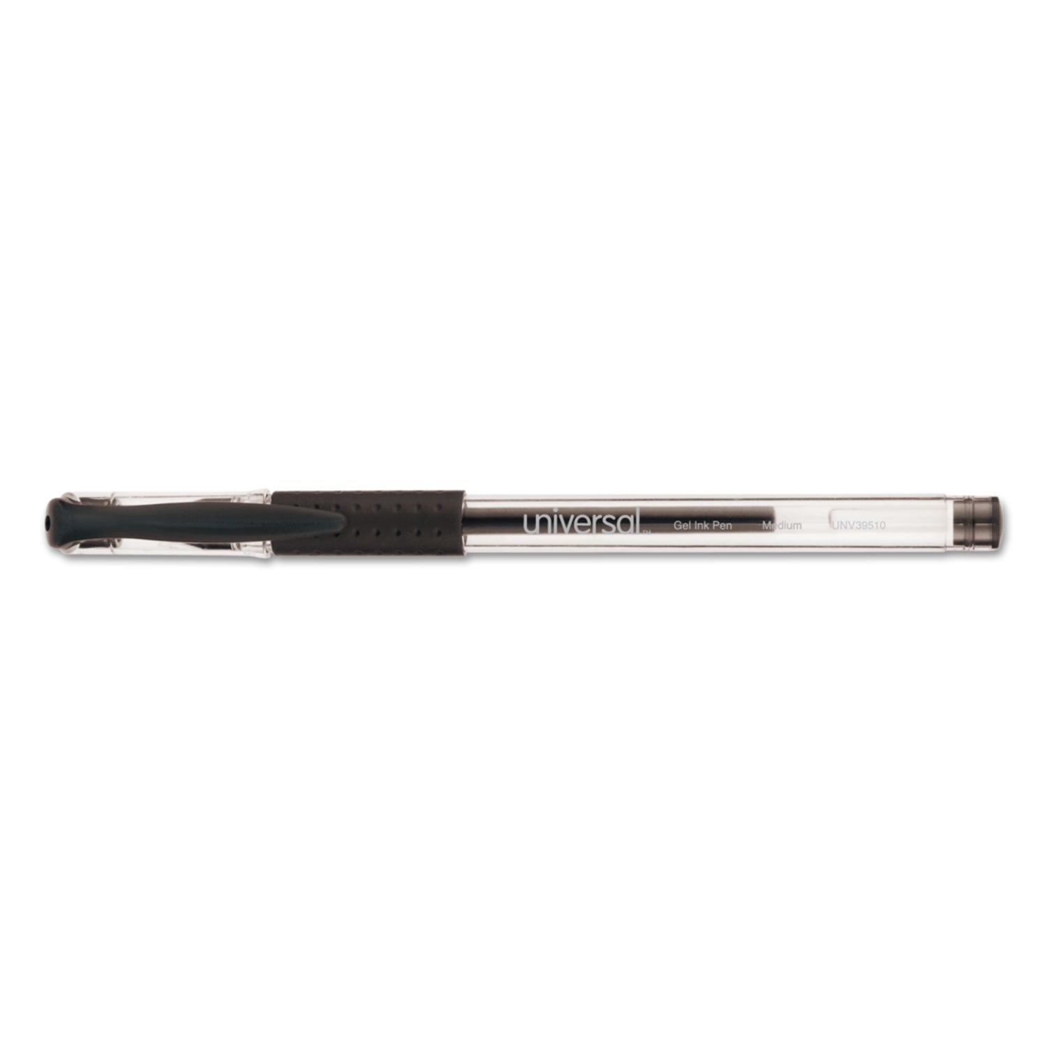 Universal™ Comfort Grip Gel Pen, Stick, Medium 0.7 mm, Black Ink, Clear/Black Barrel, Dozen