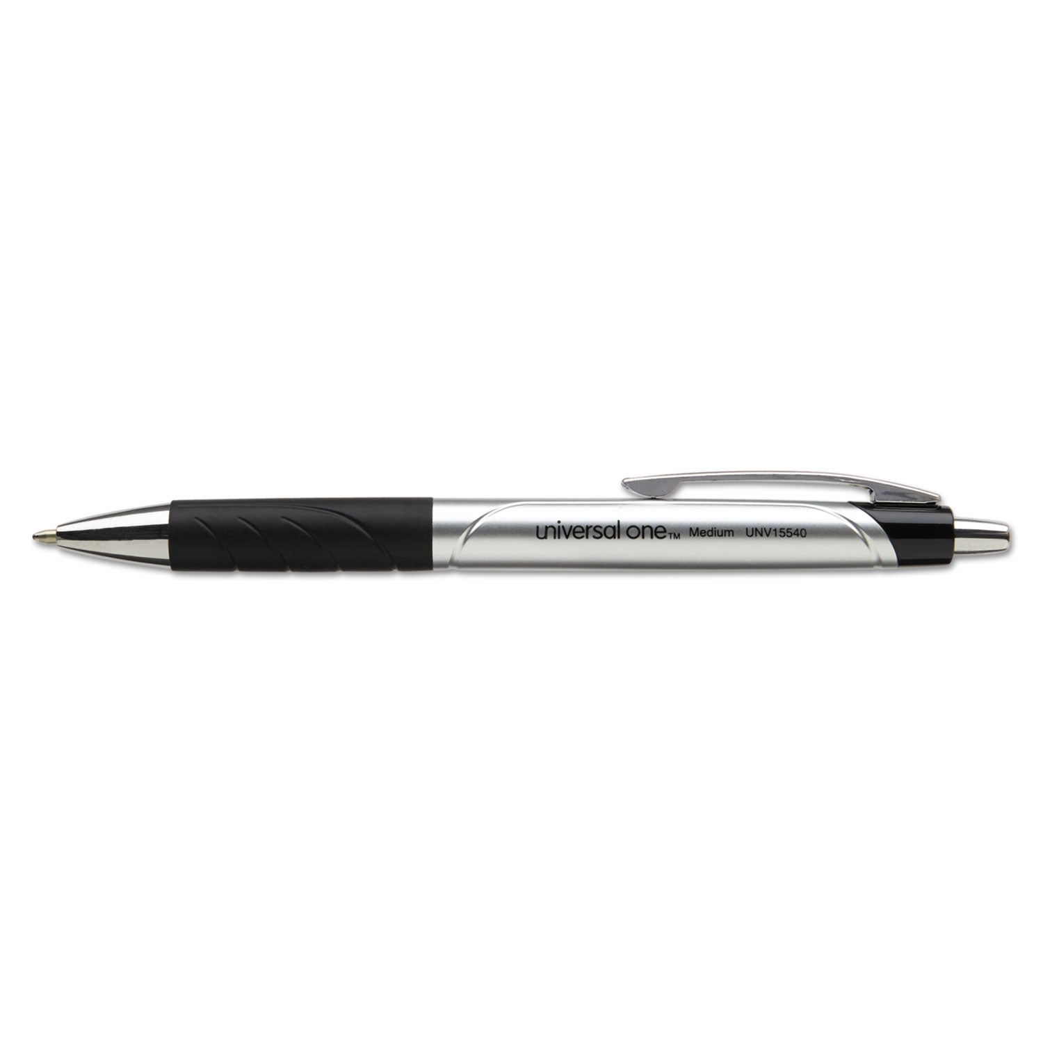 Universal™ Comfort Grip Ballpoint Pen, Retractable, Medium 1 mm, Black Ink, Silver/Black Barrel, Dozen