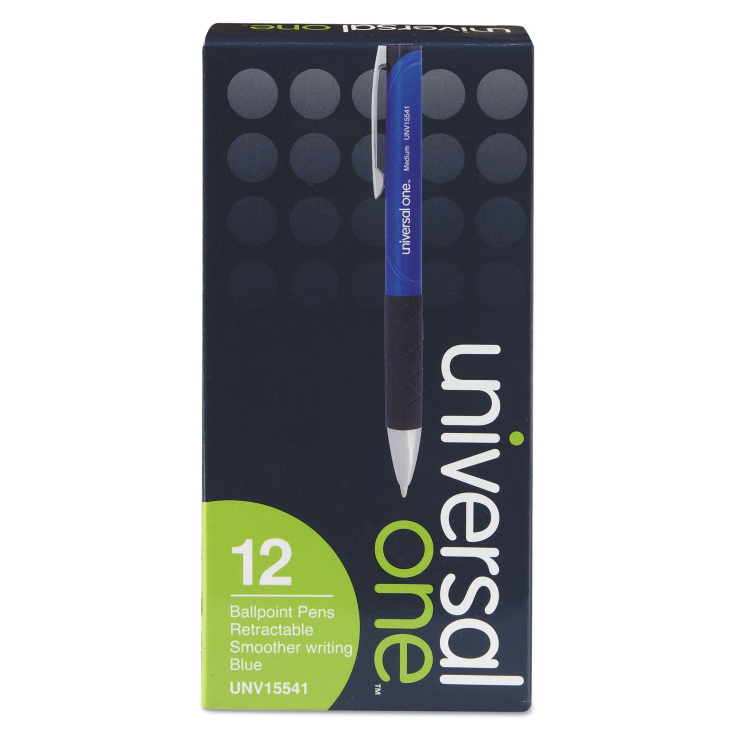 Universal™ Comfort Grip Ballpoint Pen, Retractable, Medium 1 mm, Blue Ink, Blue/Black Barrel, Dozen