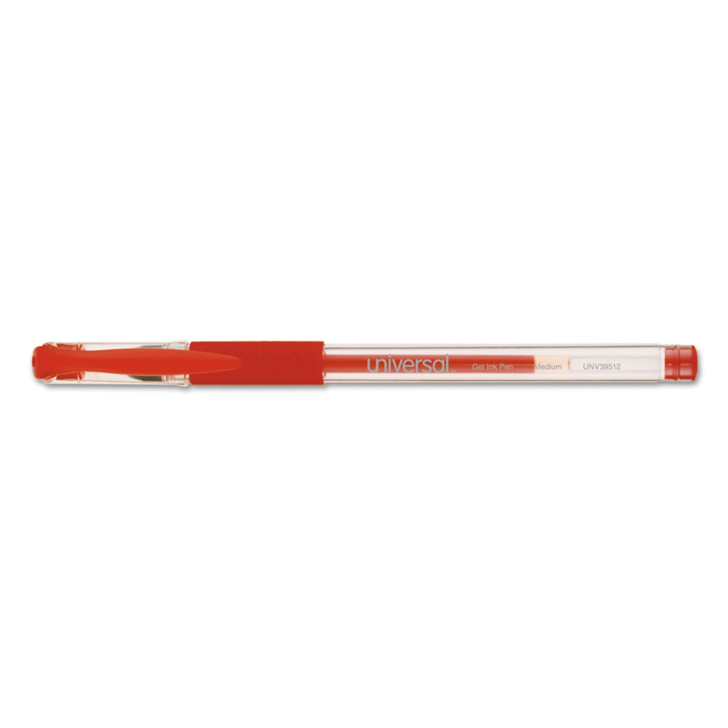 Universal™ Comfort Grip Gel Pen, Stick, Medium 0.7 mm, Red Ink, Clear/Red Barrel, Dozen