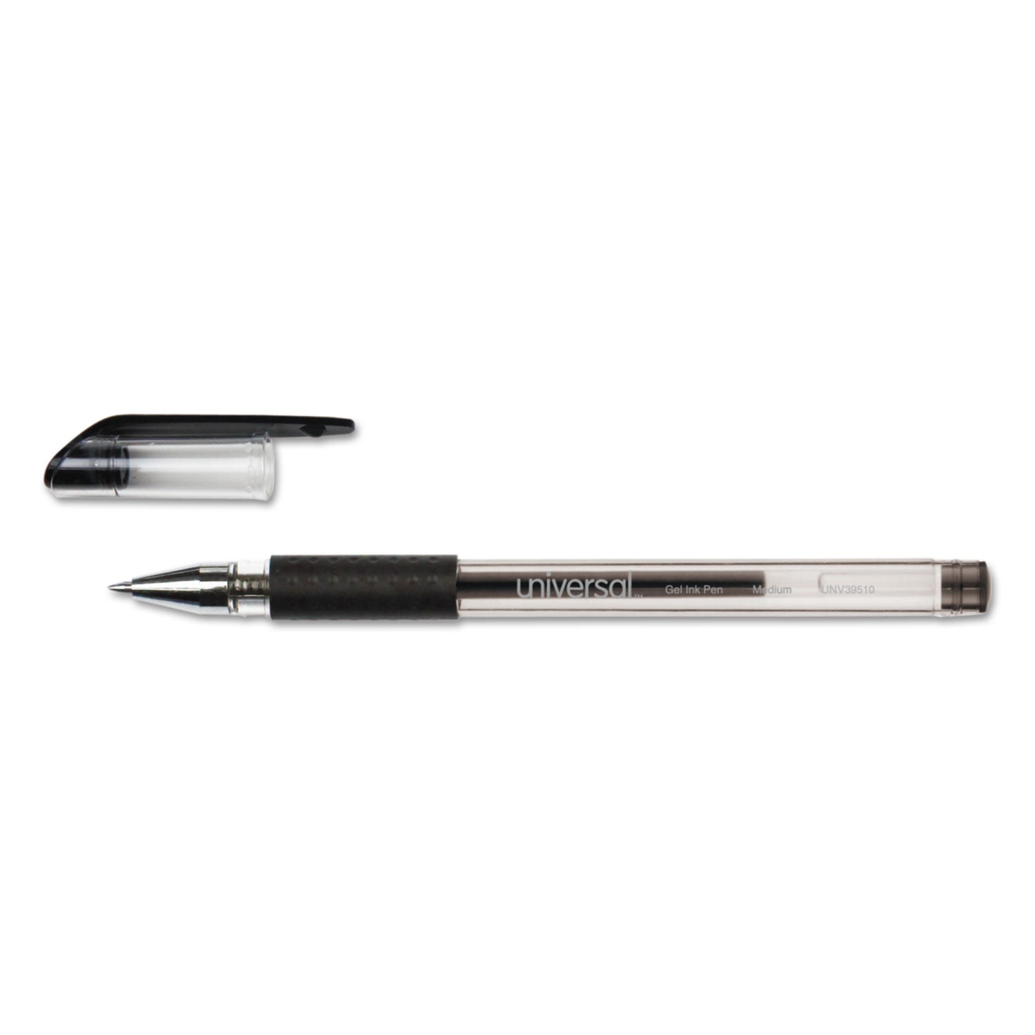 Universal™ Comfort Grip Gel Pen, Stick, Medium 0.7 mm, Black Ink, Clear/Black Barrel, Dozen