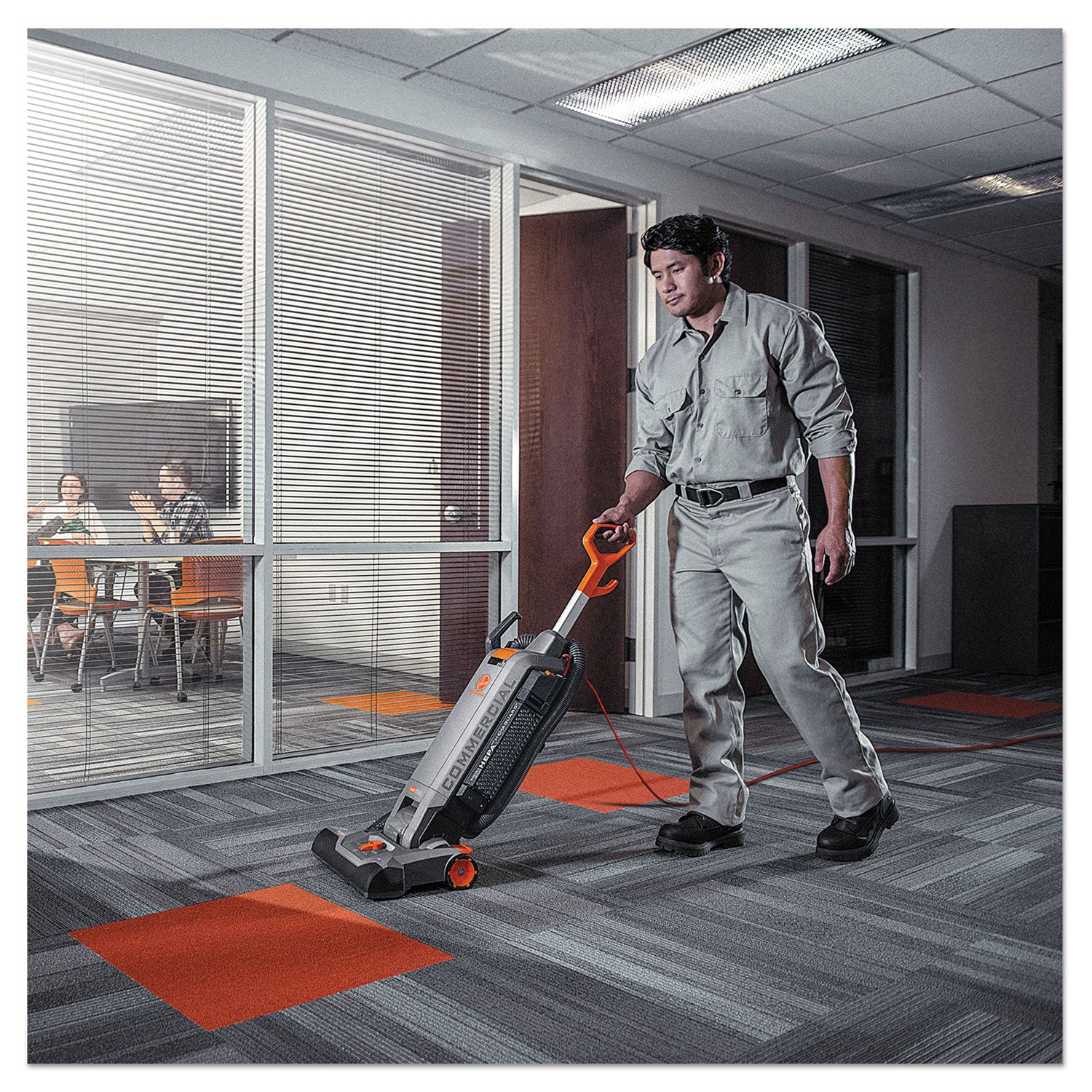 Hoover® Commercial HushTone Vacuum Cleaner with Intellibelt, 15" Cleaning Path, Gray/Orange