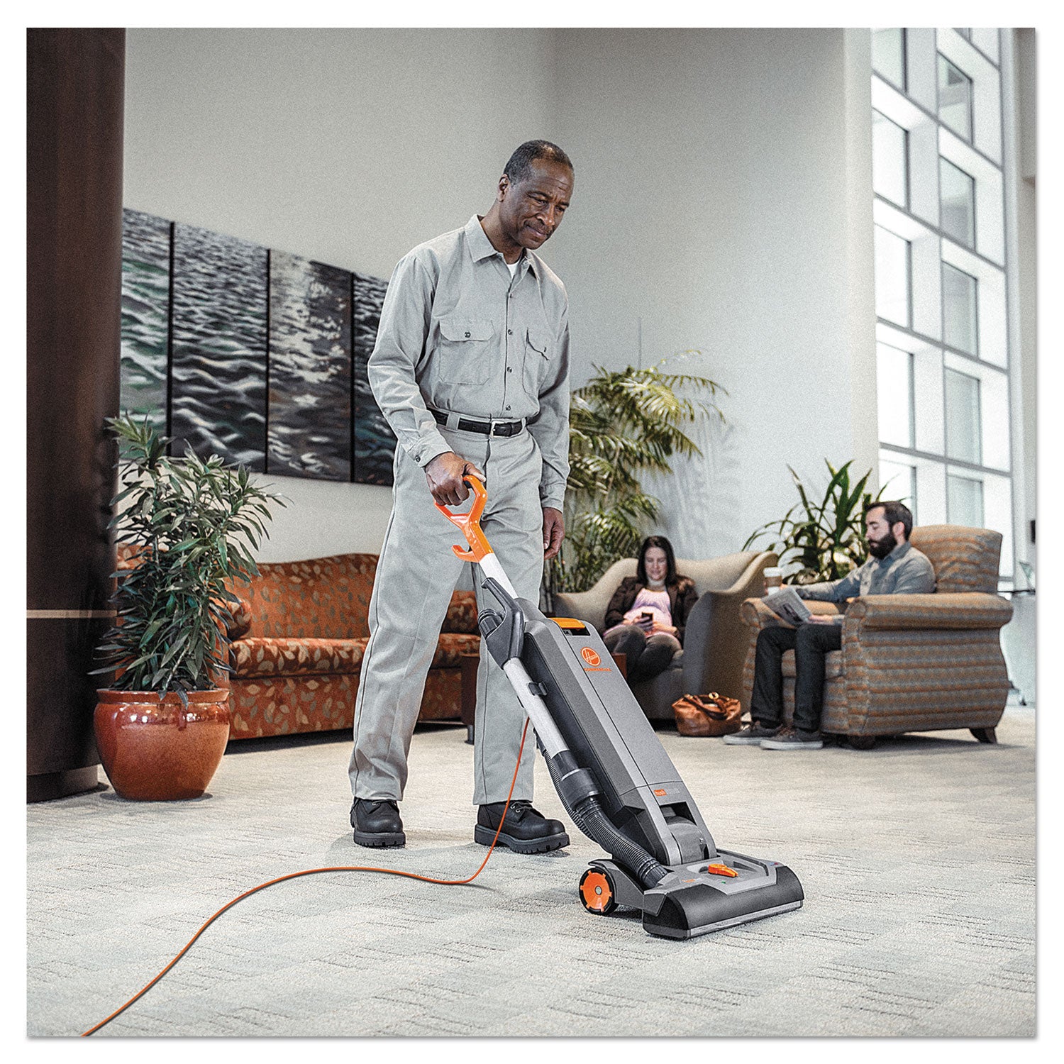 Hoover® Commercial HushTone Vacuum Cleaner with Intellibelt, 15" Cleaning Path, Gray/Orange