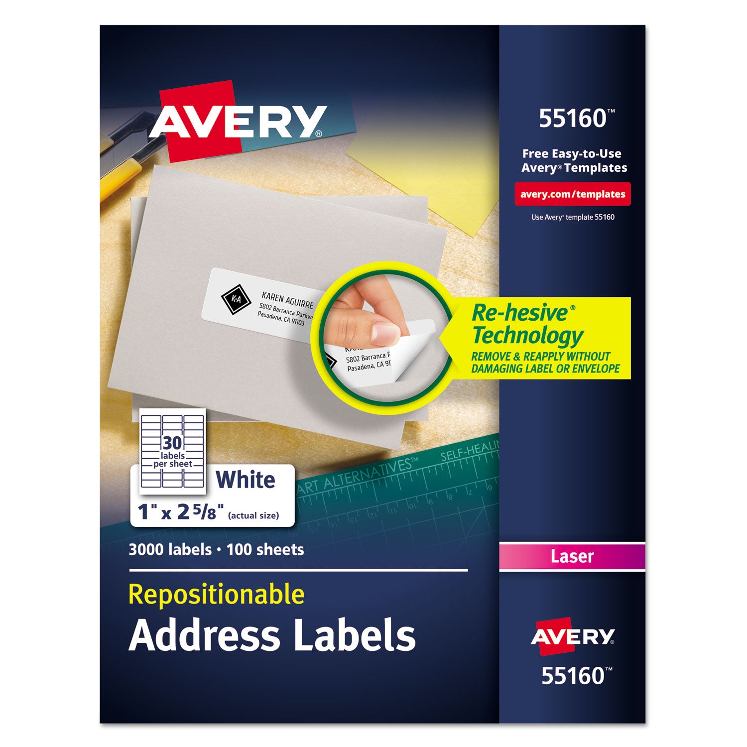 Repositionable Address Labels w/SureFeed, Laser, 1 x 2.63, White, 3000/Box