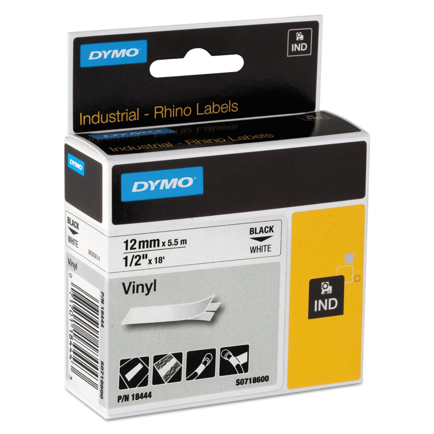 DYMO® Rhino Permanent Vinyl Industrial Label Tape, 0.5" x 18 ft, White/Black Print