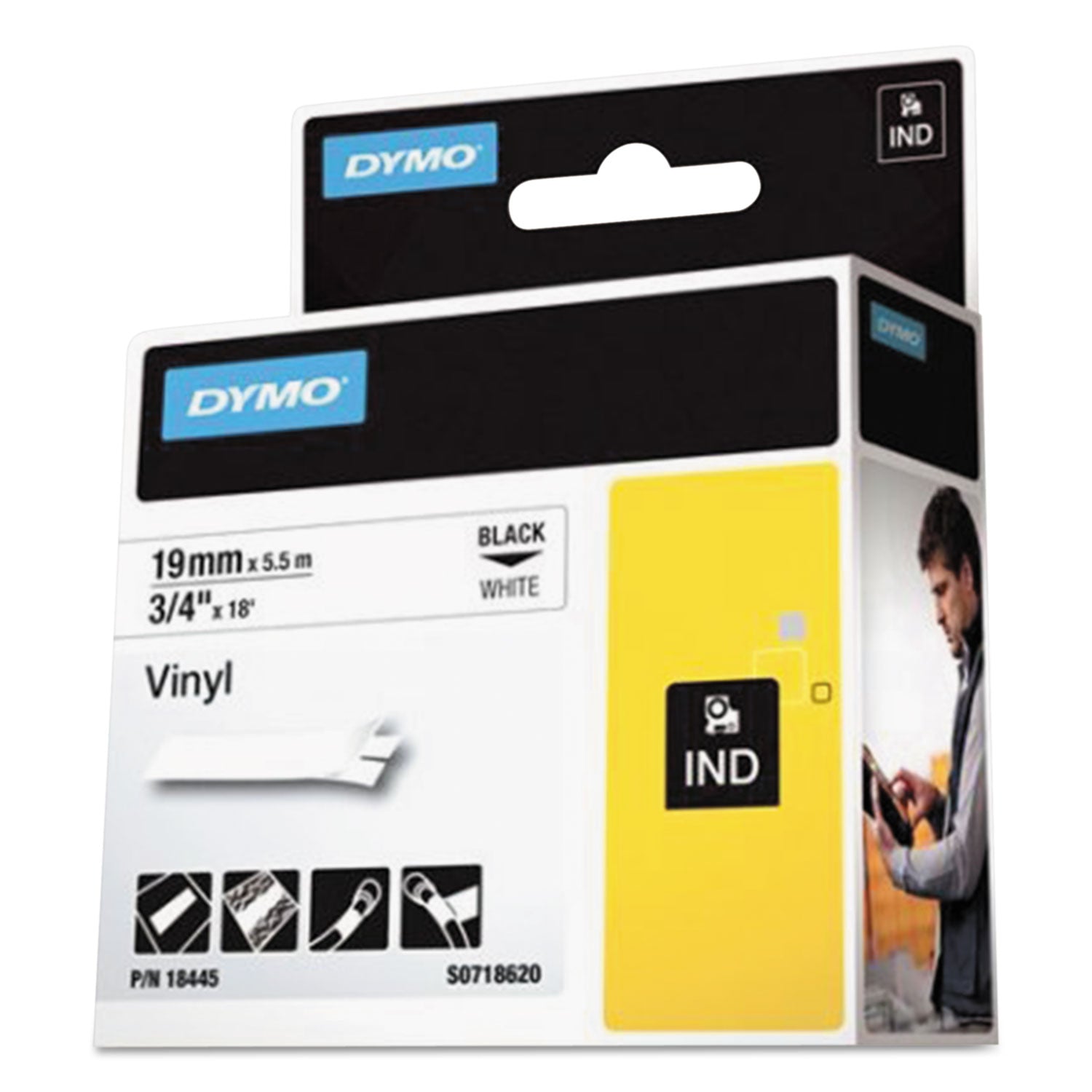 DYMO® Rhino Permanent Vinyl Industrial Label Tape, 0.75" x 18 ft, White/Black Print