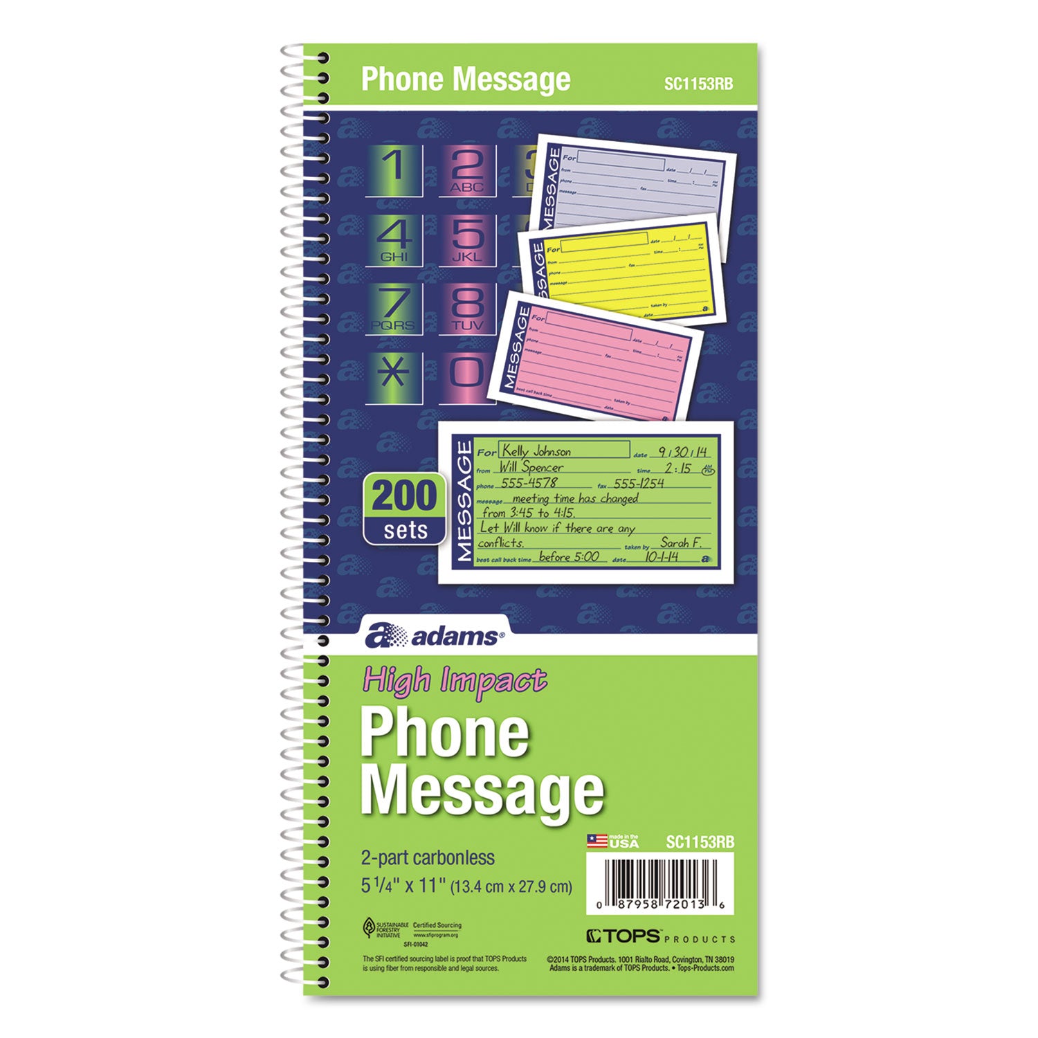 Adams® Wirebound Telephone Book with Multicolored Messages, Two-Part Carbonless, 4.75 x 2.75, 4 Forms/Sheet, 200 Forms Total