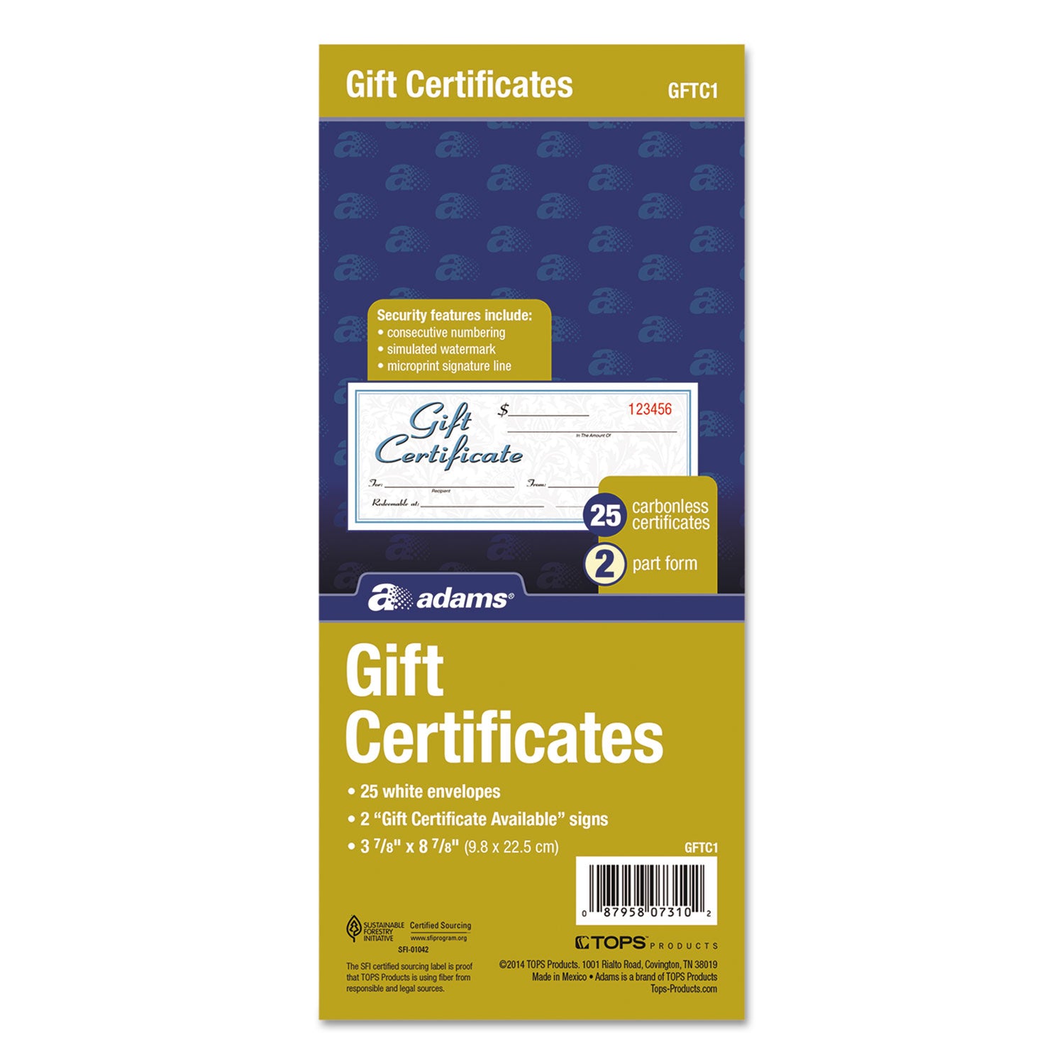 Adams® Gift Certificates with Envelopes, 8 x 3.4, White/Canary, 25/Book