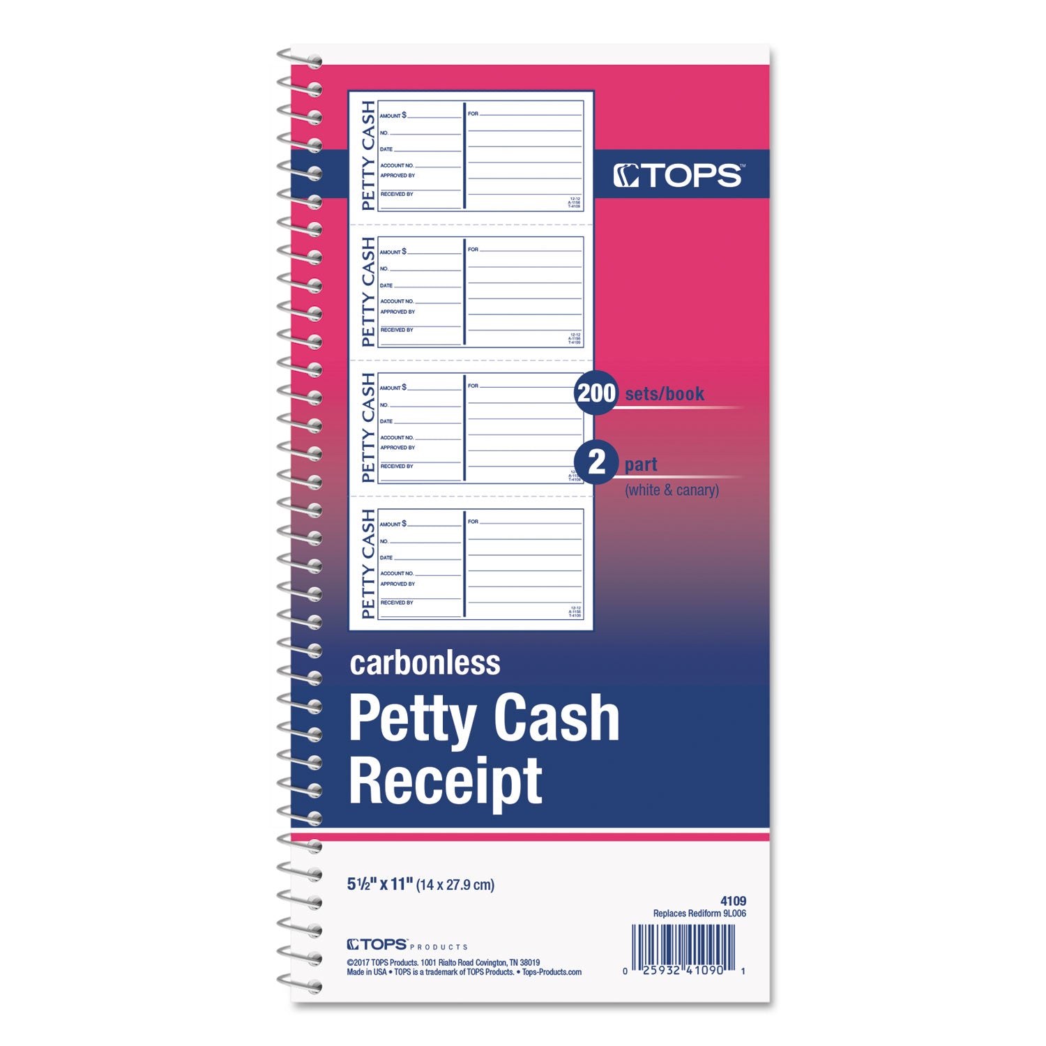 TOPS™ Petty Cash Receipt Book, Two-Part Carbonless, 5 x 2.75, 4 Forms/Sheet, 200 Forms Total