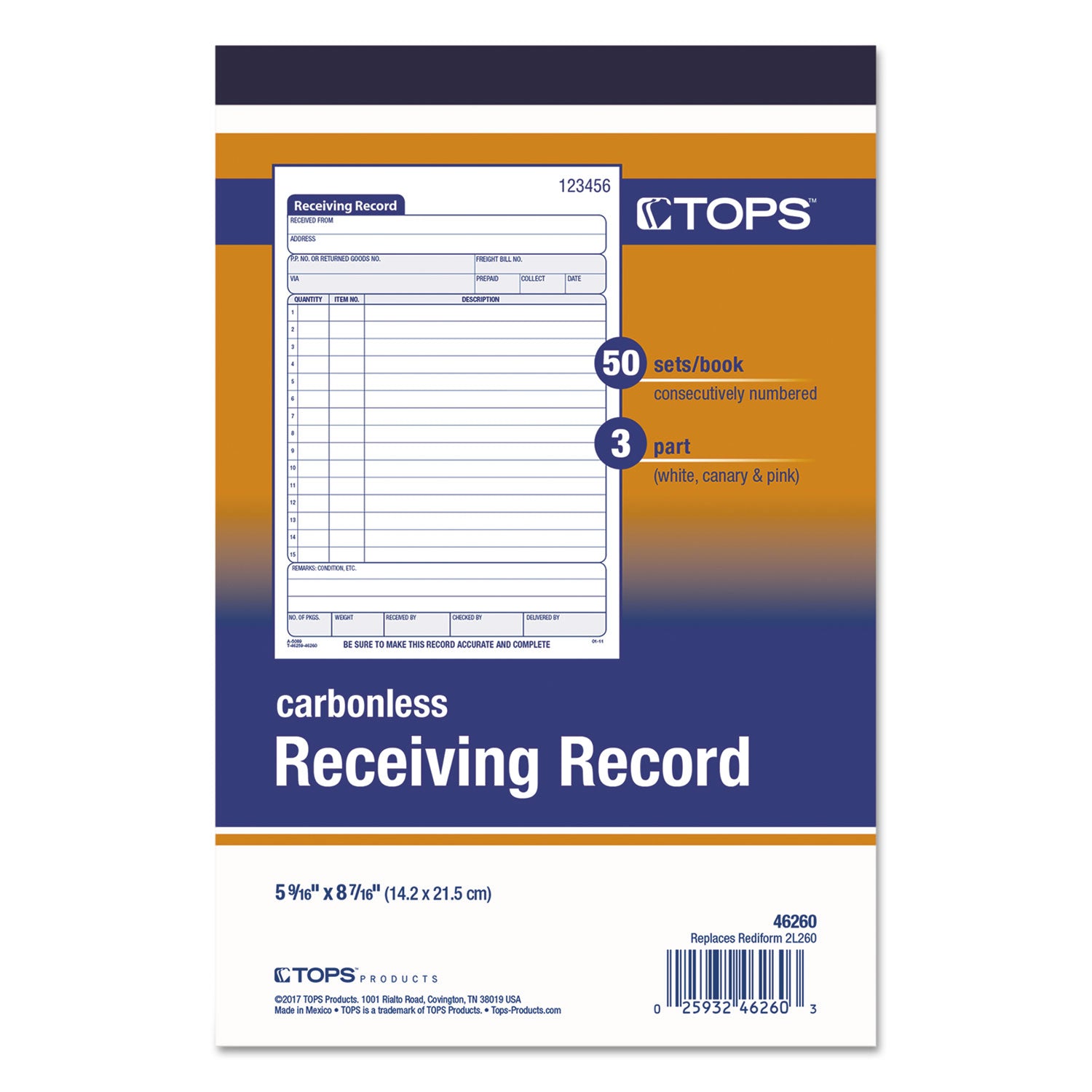 TOPS™ Receiving Record Book, Three-Part Carbonless, 5.56 x 7.94, 50 Forms Total