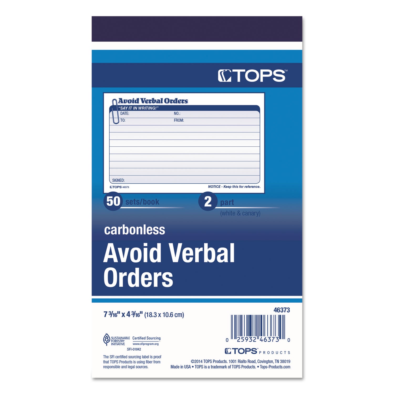 TOPS™ Avoid Verbal Orders Manifold Book, Two-Part Carbonless, 6.25 x 4.25, 50 Forms Total