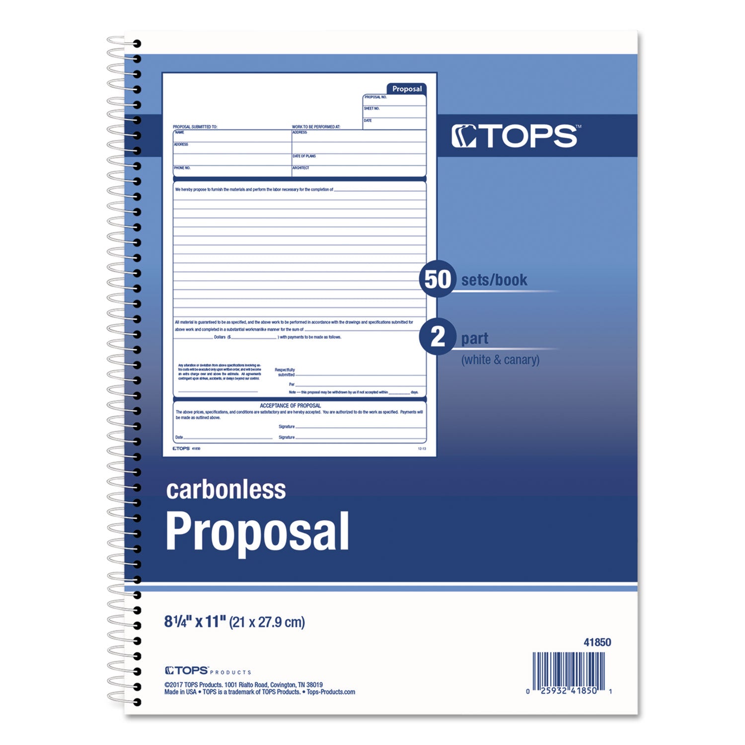 TOPS™ Spiralbound Proposal Form Book, Two-Part Carbonless, 11 x 8.5, 50 Forms Total