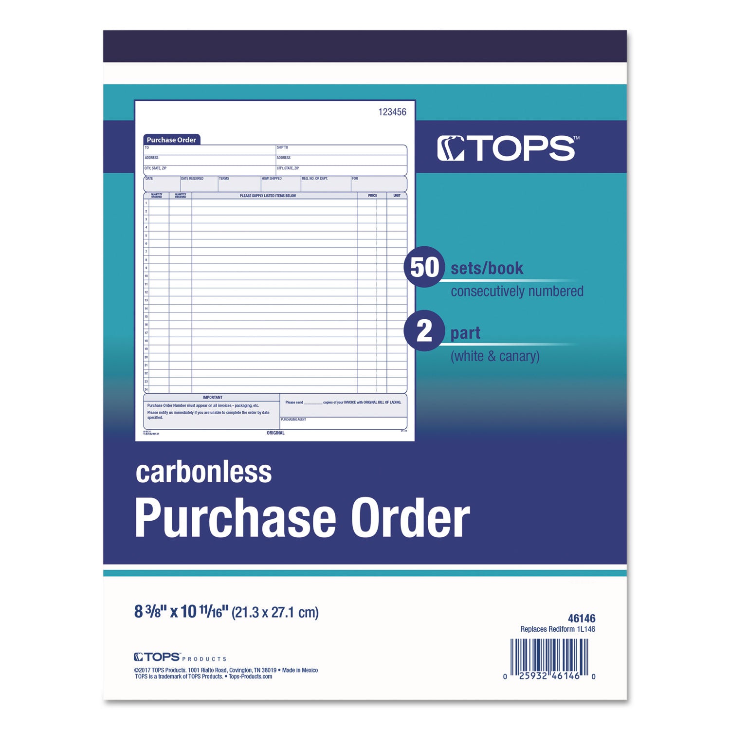 TOPS™ Purchase Order Book, 22 Lines, Two-Part Carbonless, 8.38 x 10.19, 50 Forms Total