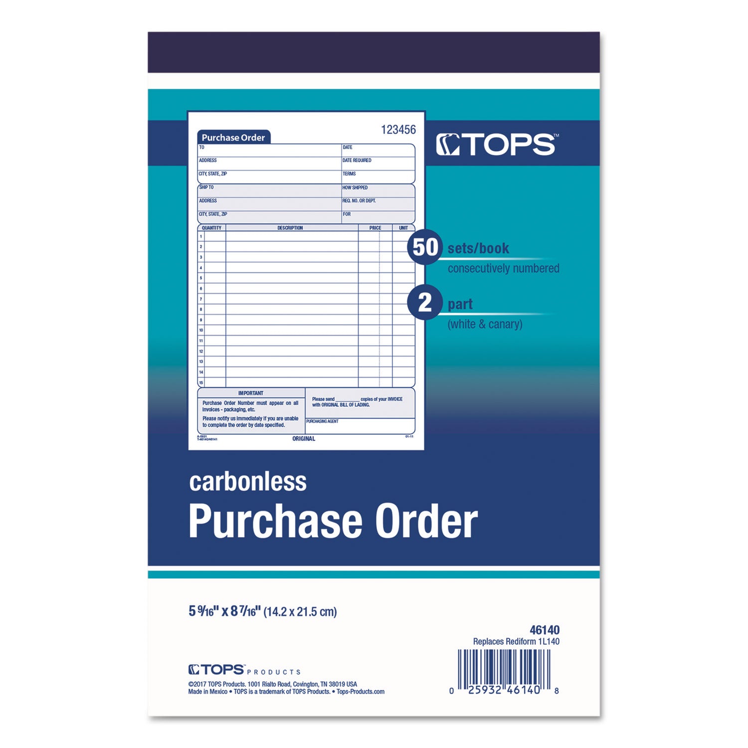 TOPS™ Purchase Order Book, 12 Lines, Two-Part Carbonless, 5.56 x 8.44, 50 Forms Total