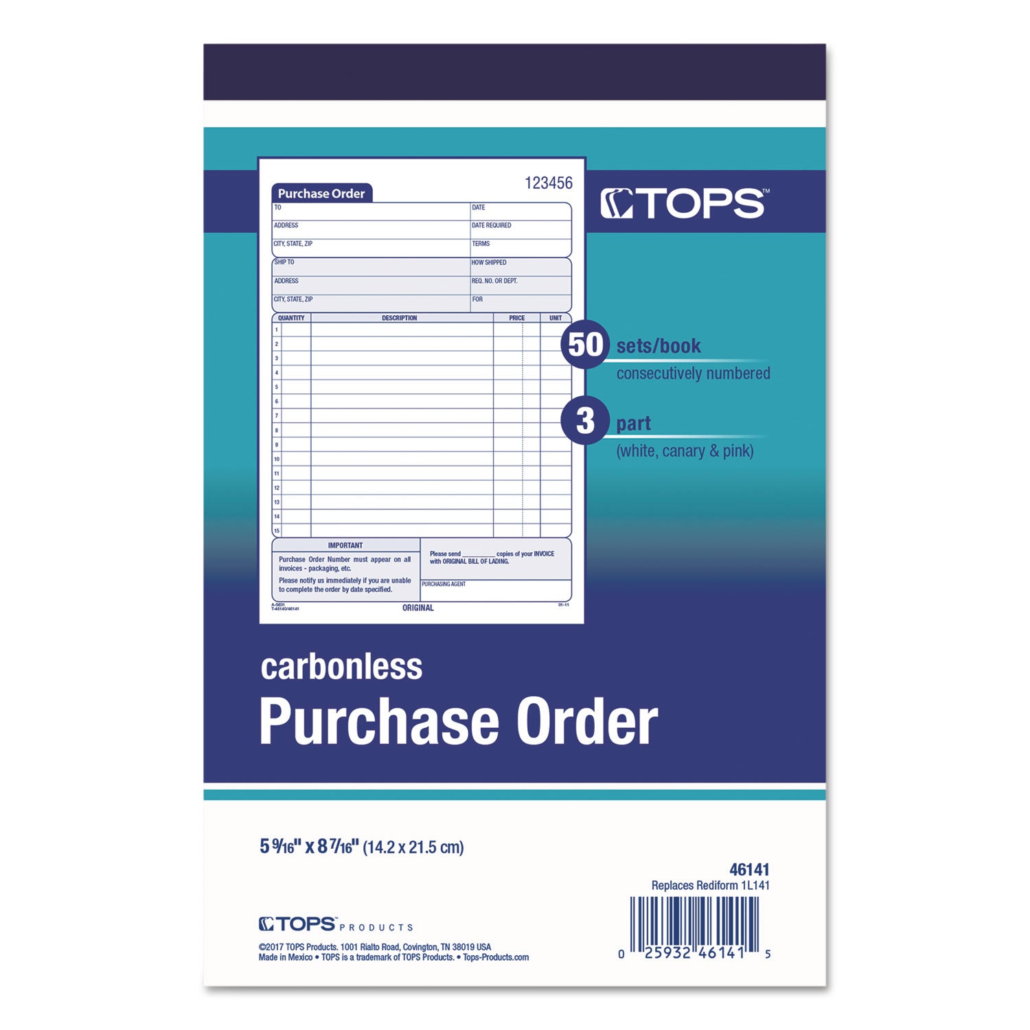 TOPS™ Purchase Order Book, 15 Lines, Three-Part Carbonless, 5.56 x 8.44, 50 Forms Total