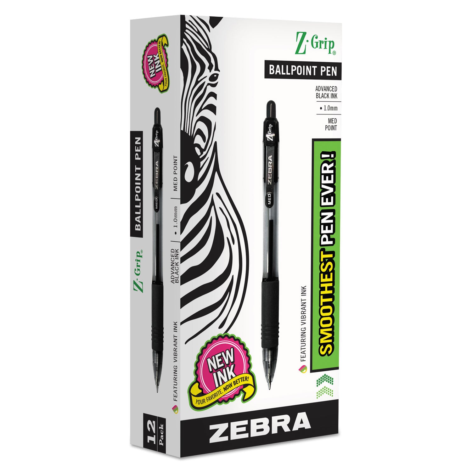 Zebra® Z-Grip Ballpoint Pen, Retractable, Medium 1 mm, Black Ink, Clear/Black Barrel, 12/Pack