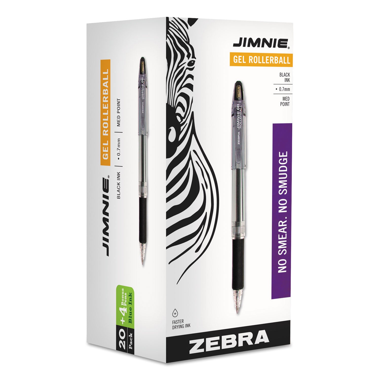 Zebra® Jimnie Gel Pen Value Pack, Stick, Medium 0.7 mm, Black Ink, Clear/Black Barrel, 24/Box