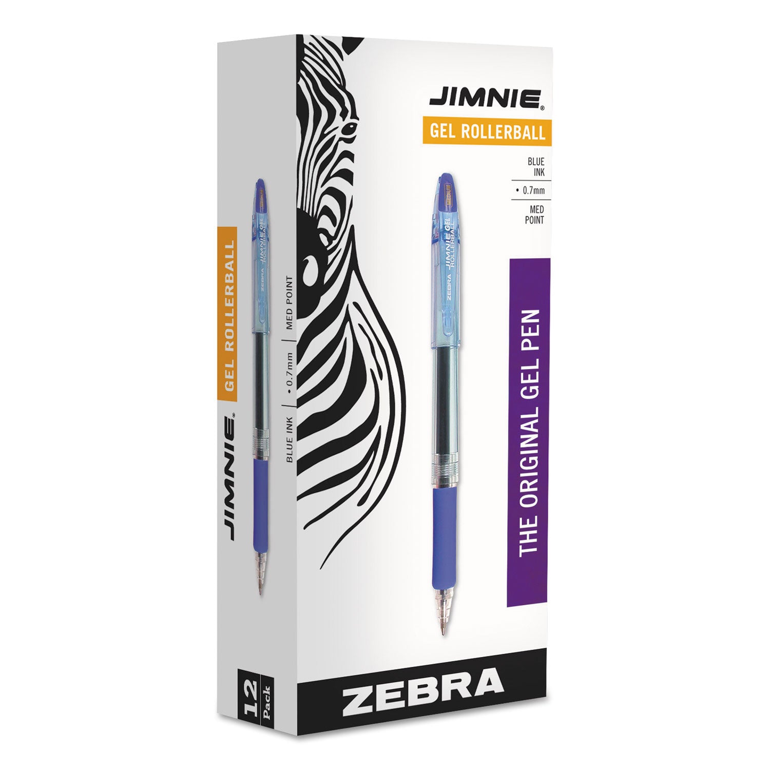 Zebra® Jimnie Gel Pen, Stick, Medium 0.7 mm, Blue Ink, Clear/Blue Barrel, 12/Pack