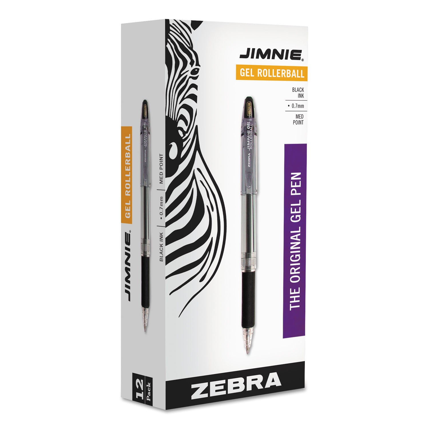 Zebra® Jimnie Gel Pen, Stick, Medium 0.7 mm, Black Ink, Clear/Black Barrel, 12/Pack