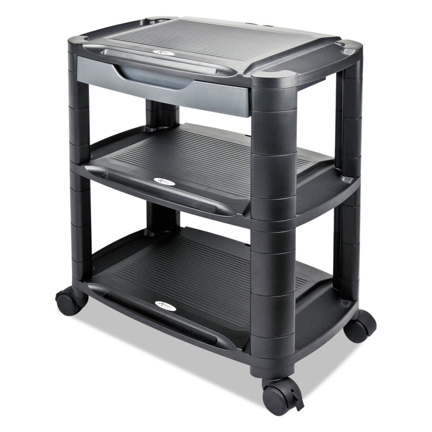 Alera® 3-in-1 Cart/Stand, Plastic, 3 Shelves, 1 Drawer, 100 lb Capacity, 21.63" x 13.75" x 24.75", Black/Gray